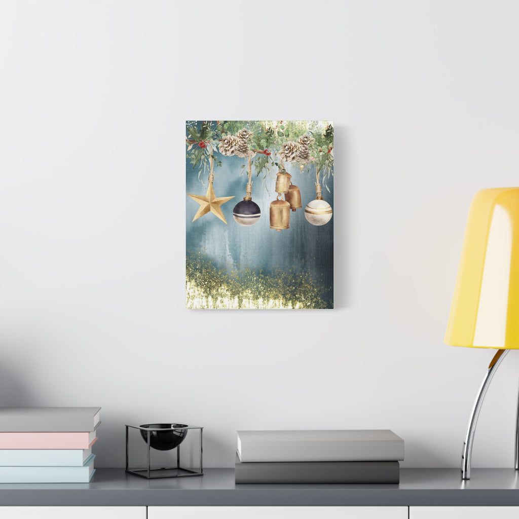 Christmas Ornaments Canvas Wall Art – Festive Gold Bells & Pine Garland Matte Print