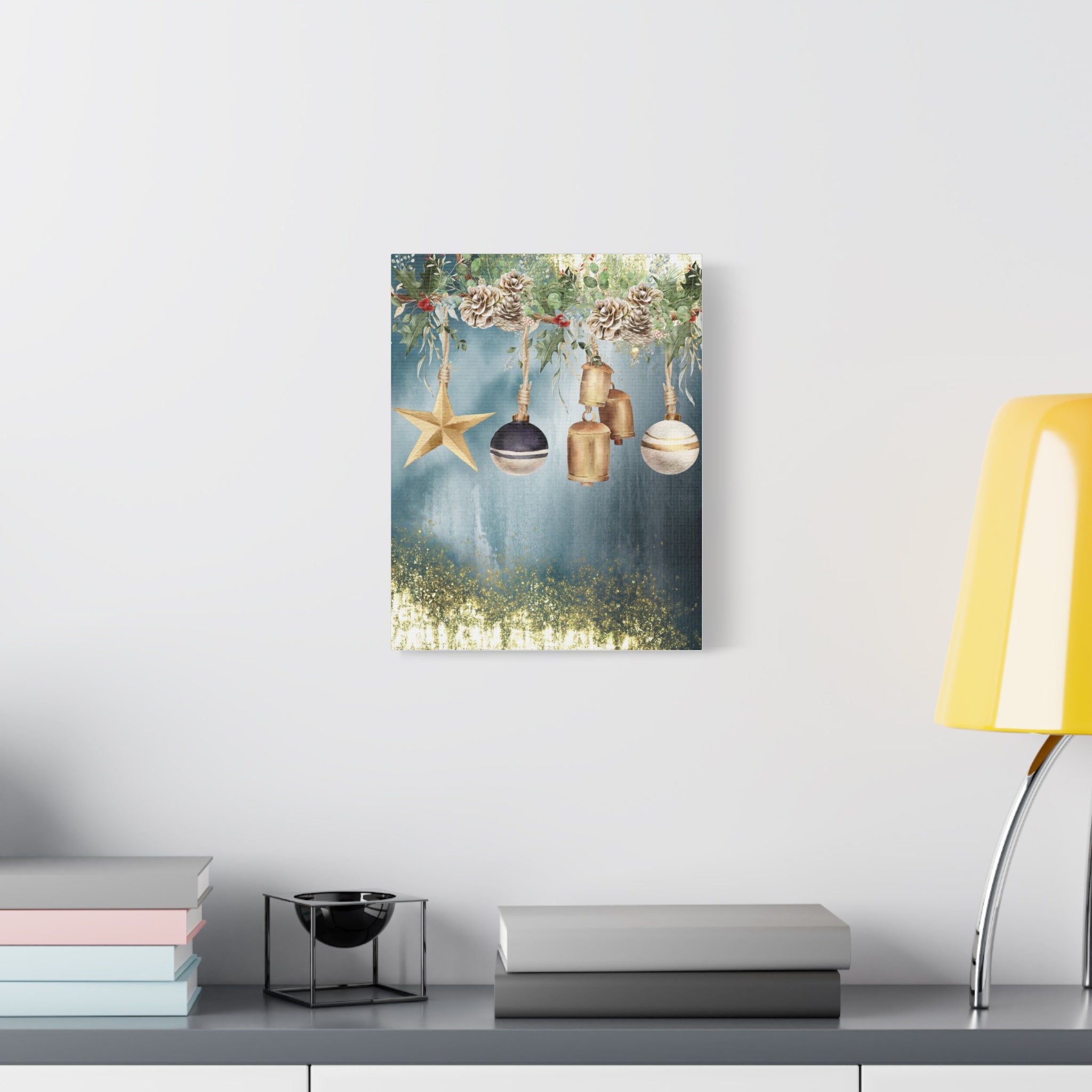 Christmas Ornaments Canvas Wall Art – Festive Gold Bells & Pine Garland Matte Print