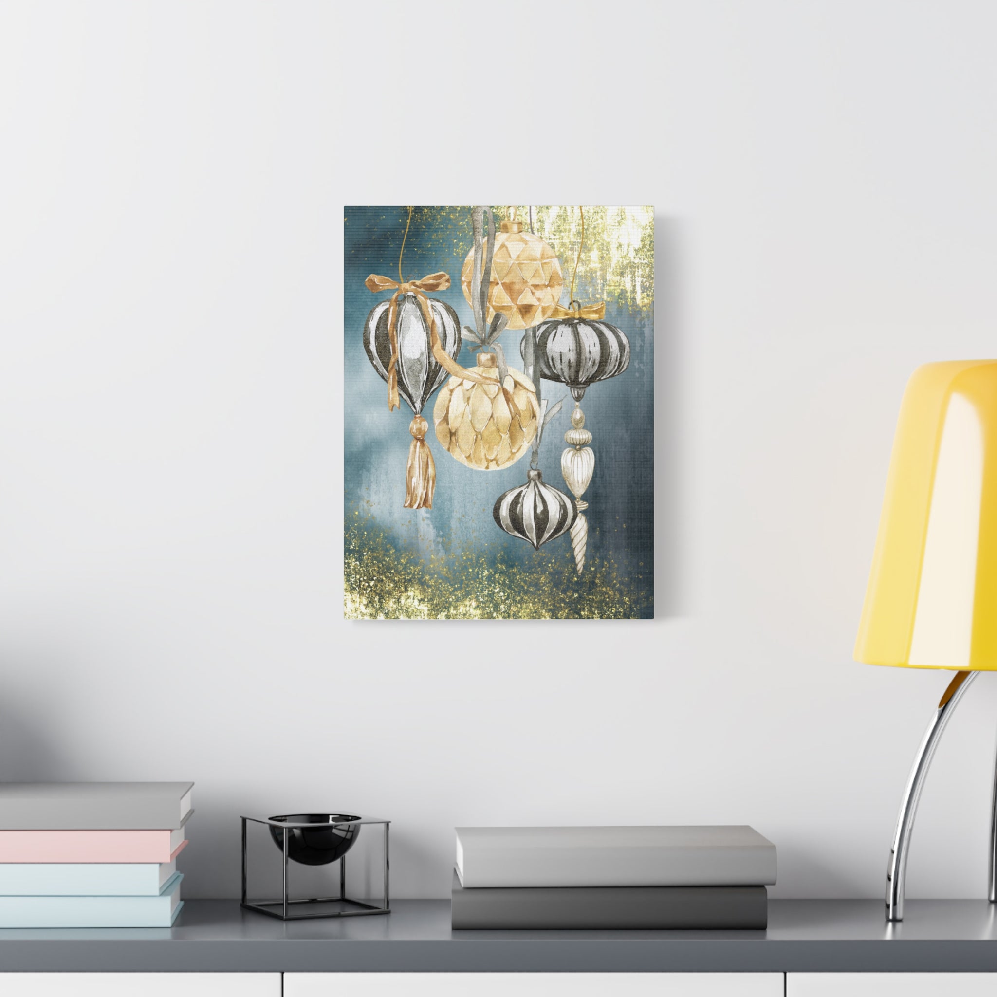 Holiday Ornament Wall Art Canvas — Gold & Teal Christmas Decorations