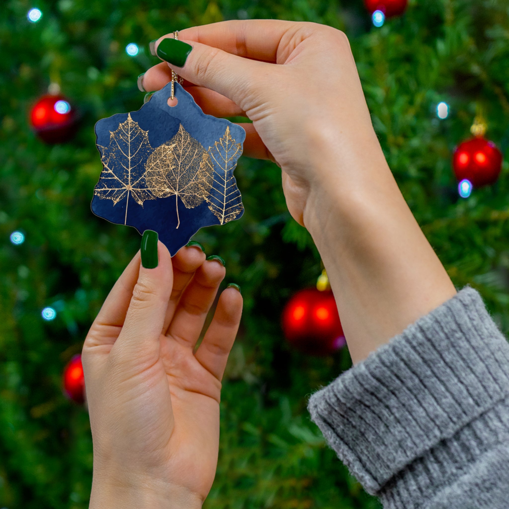 Ceramic Ornament - Navy Blue with Gold Leaves
