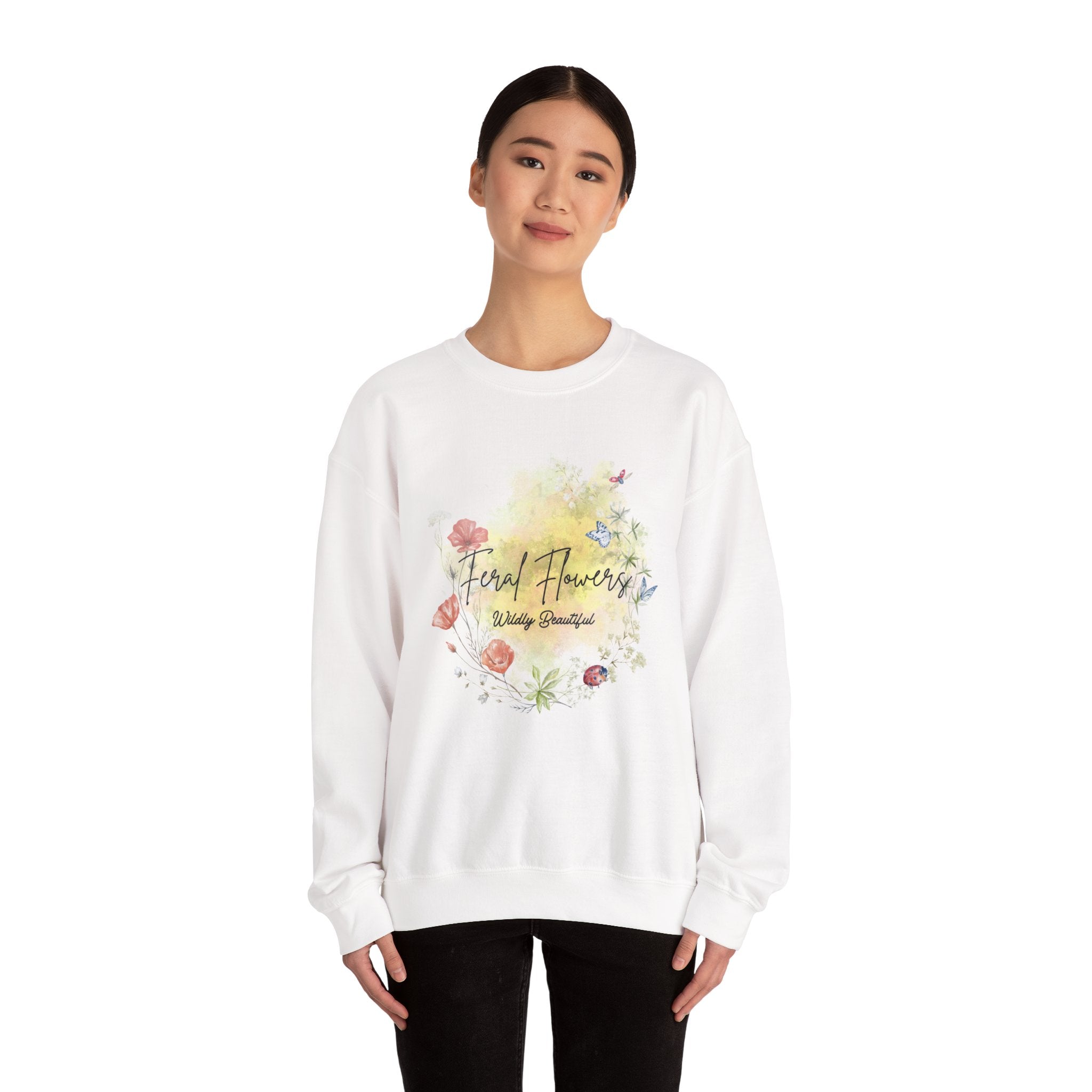 Crewneck Sweatshirt Feral Flowers Wildly Beautiful Slogan Watercolor Ladybugs Butterflies Floral Wreath