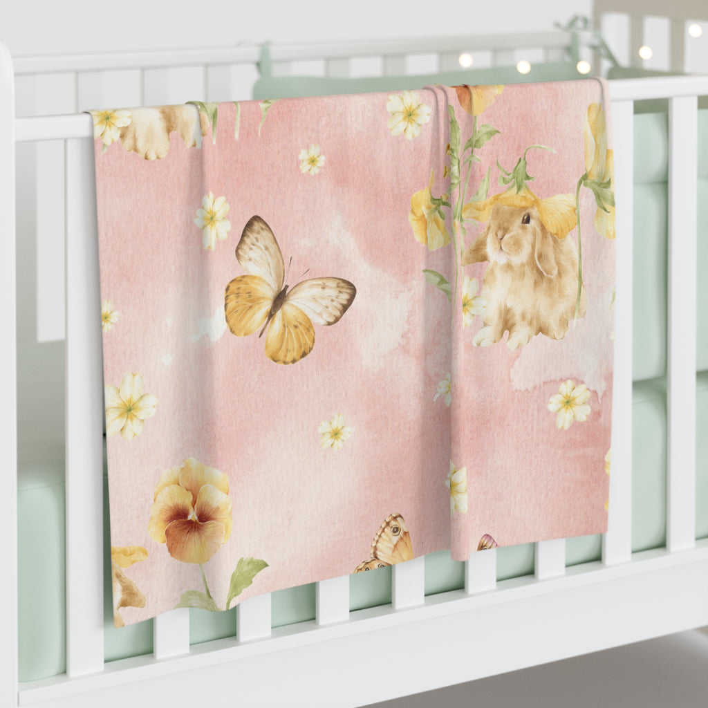 Watercolor Bunnies and Butterflies Baby Swaddle Blanket | Floral Nursery