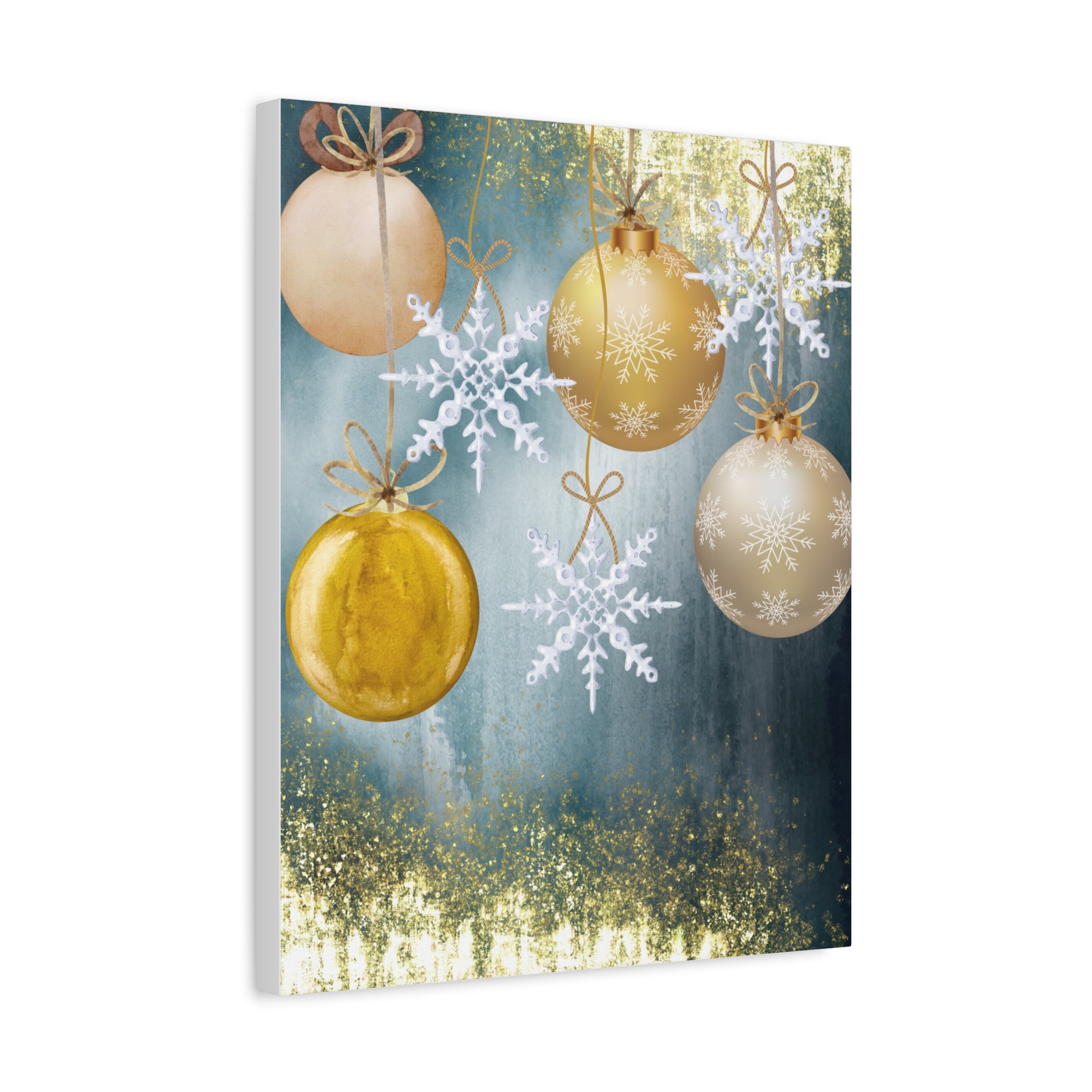 Holiday Ornament Canvas Print — Gold Baubles & Snowflakes Matte Wall Art