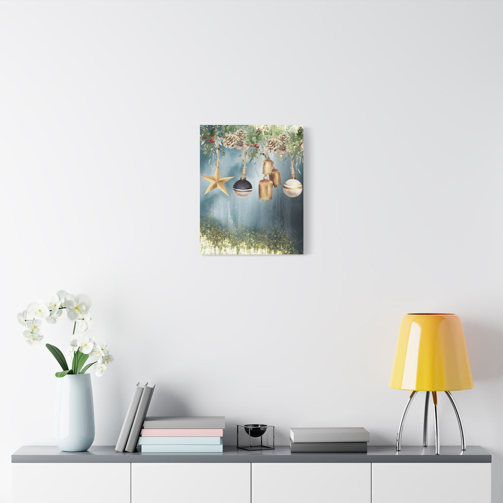 Christmas Ornaments Canvas Wall Art – Festive Gold Bells & Pine Garland Matte Print