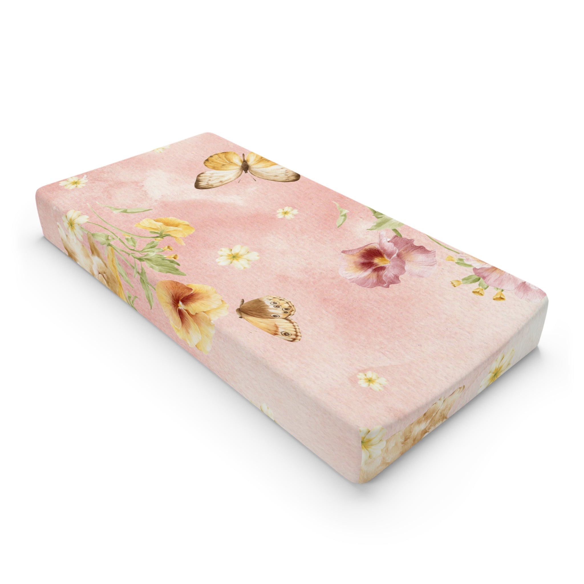 Butterfly Floral Baby Changing Pad Cover | Pink Nursery Watercolor Flowers