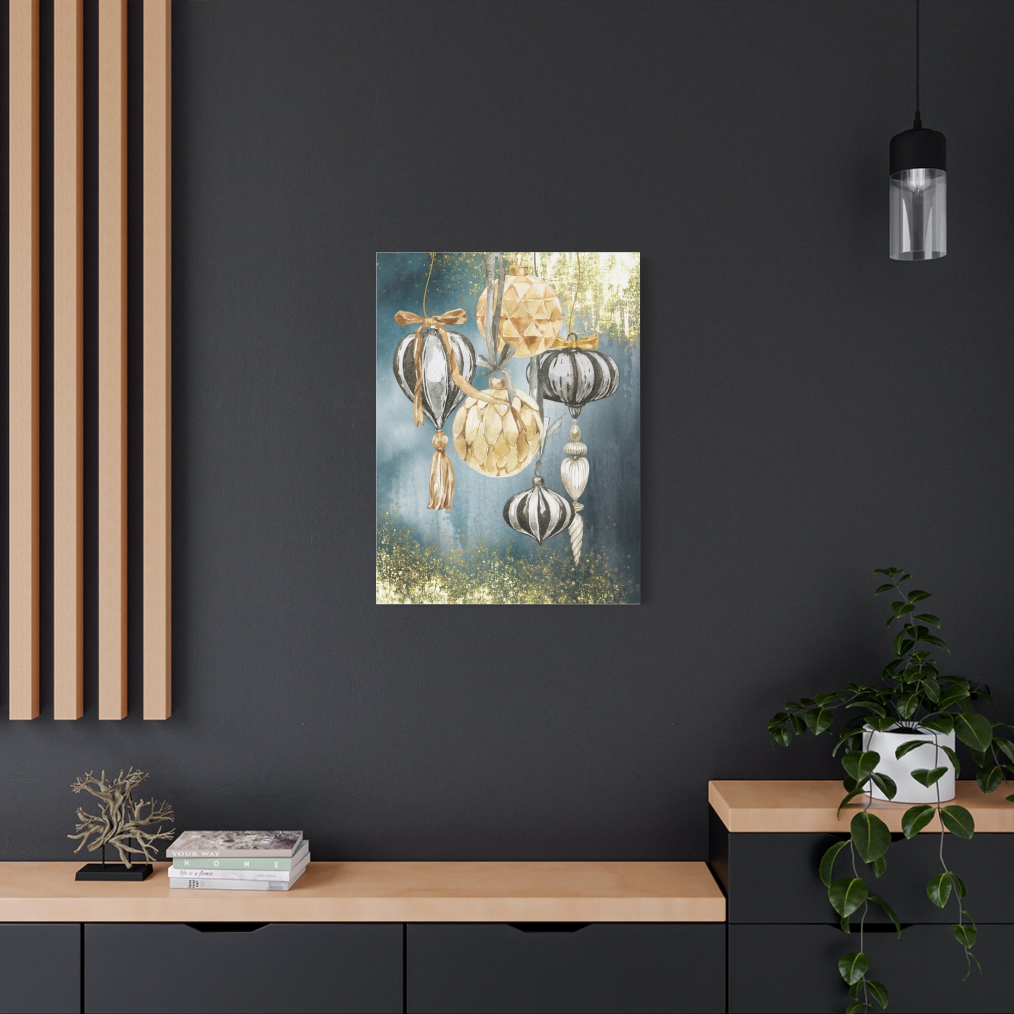 Holiday Ornament Wall Art Canvas — Gold & Teal Christmas Decorations