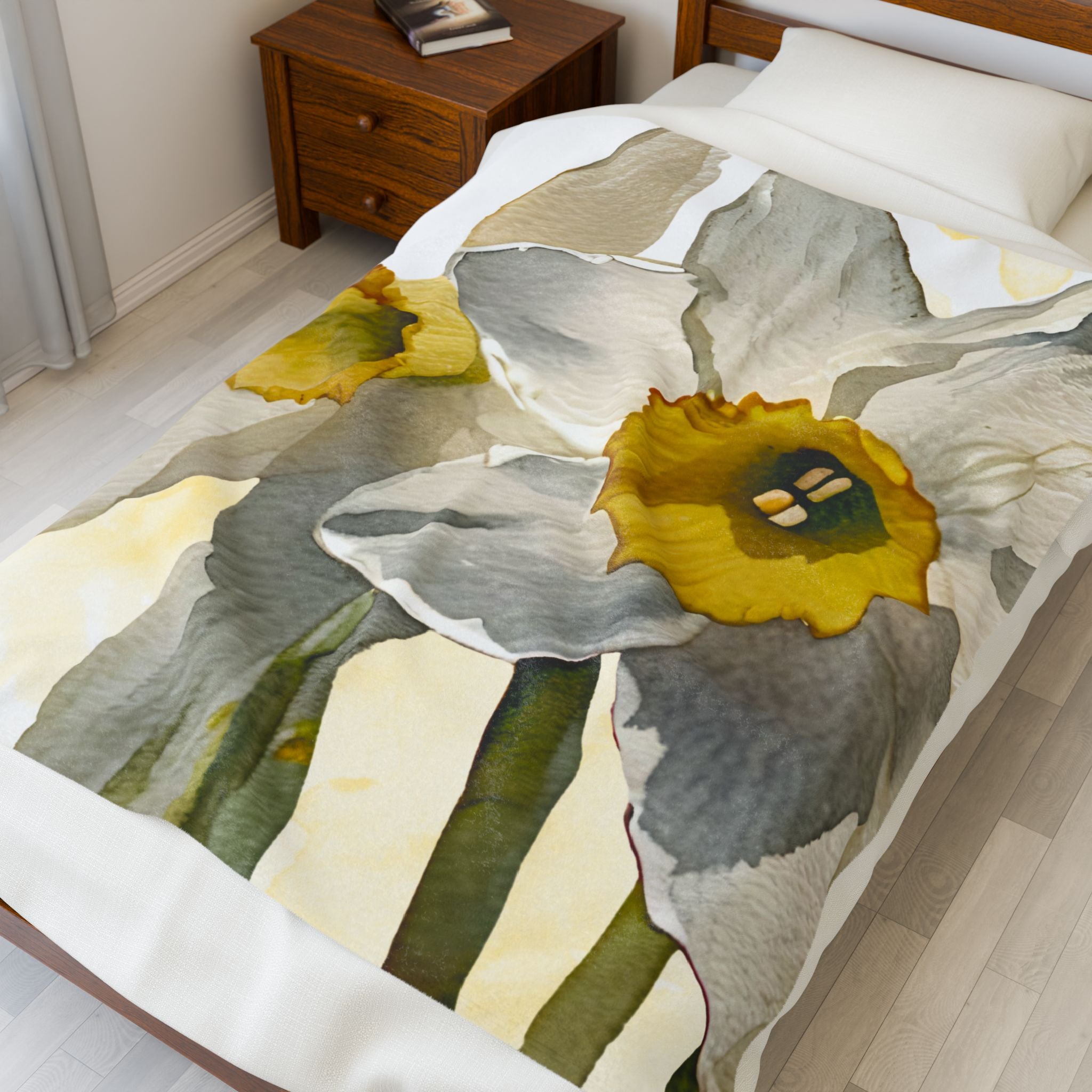 Plush Blanket with Watercolor Daffodils Design