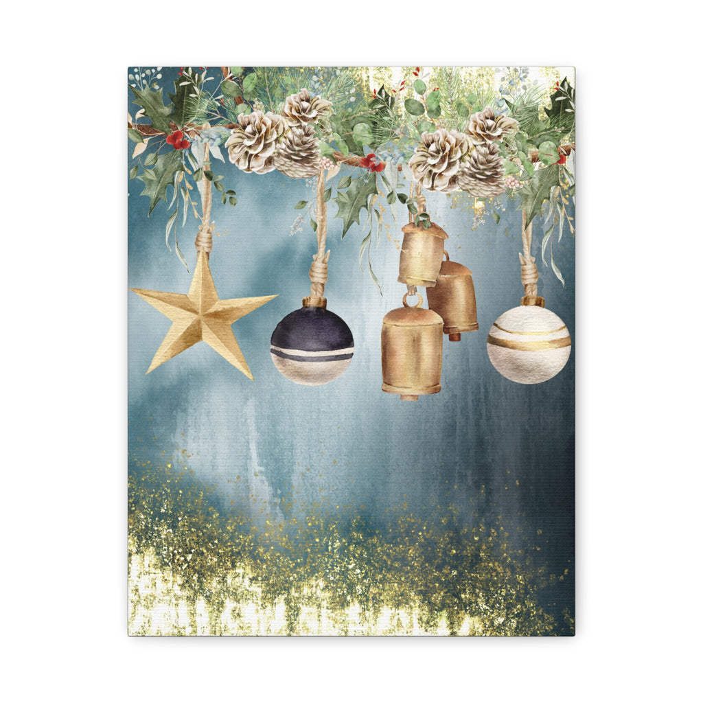 Christmas Ornaments Canvas Wall Art – Festive Gold Bells & Pine Garland Matte Print