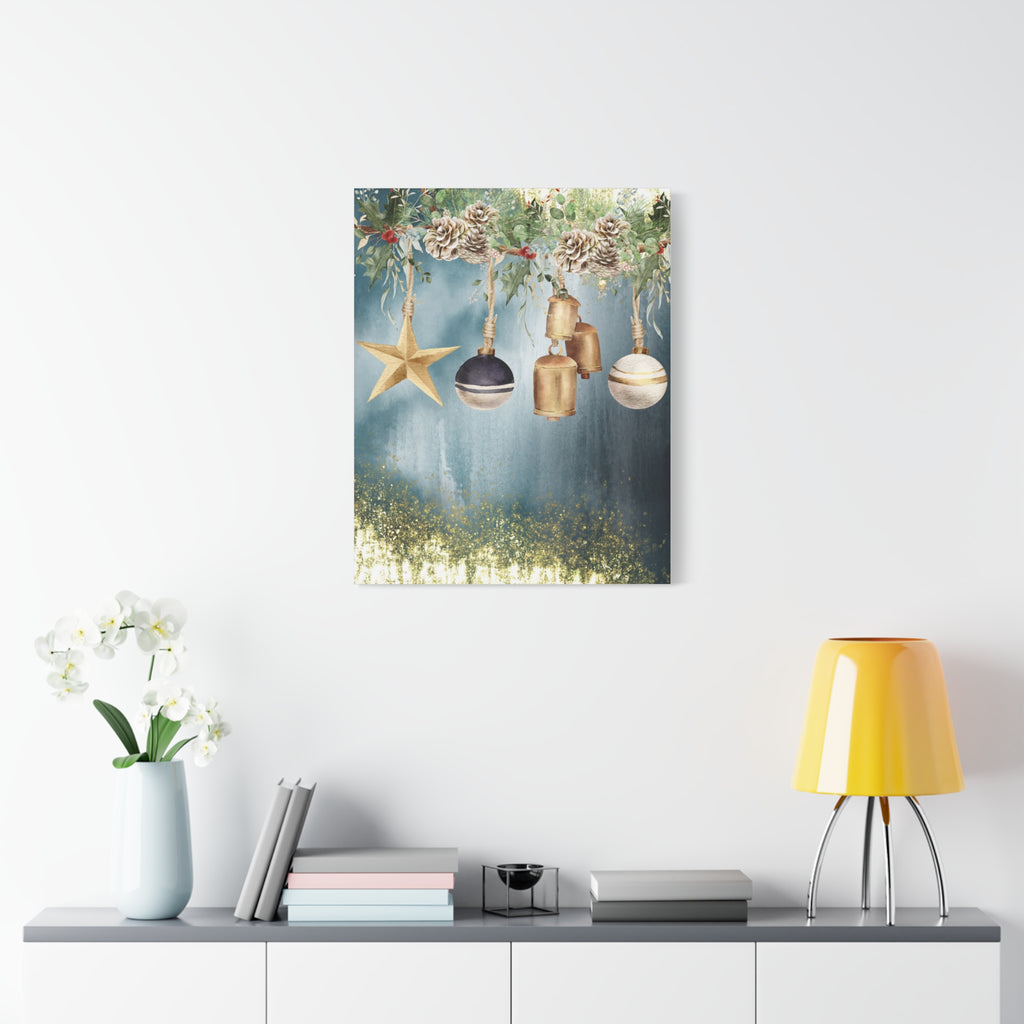 Christmas Ornaments Canvas Wall Art – Festive Gold Bells & Pine Garland Matte Print