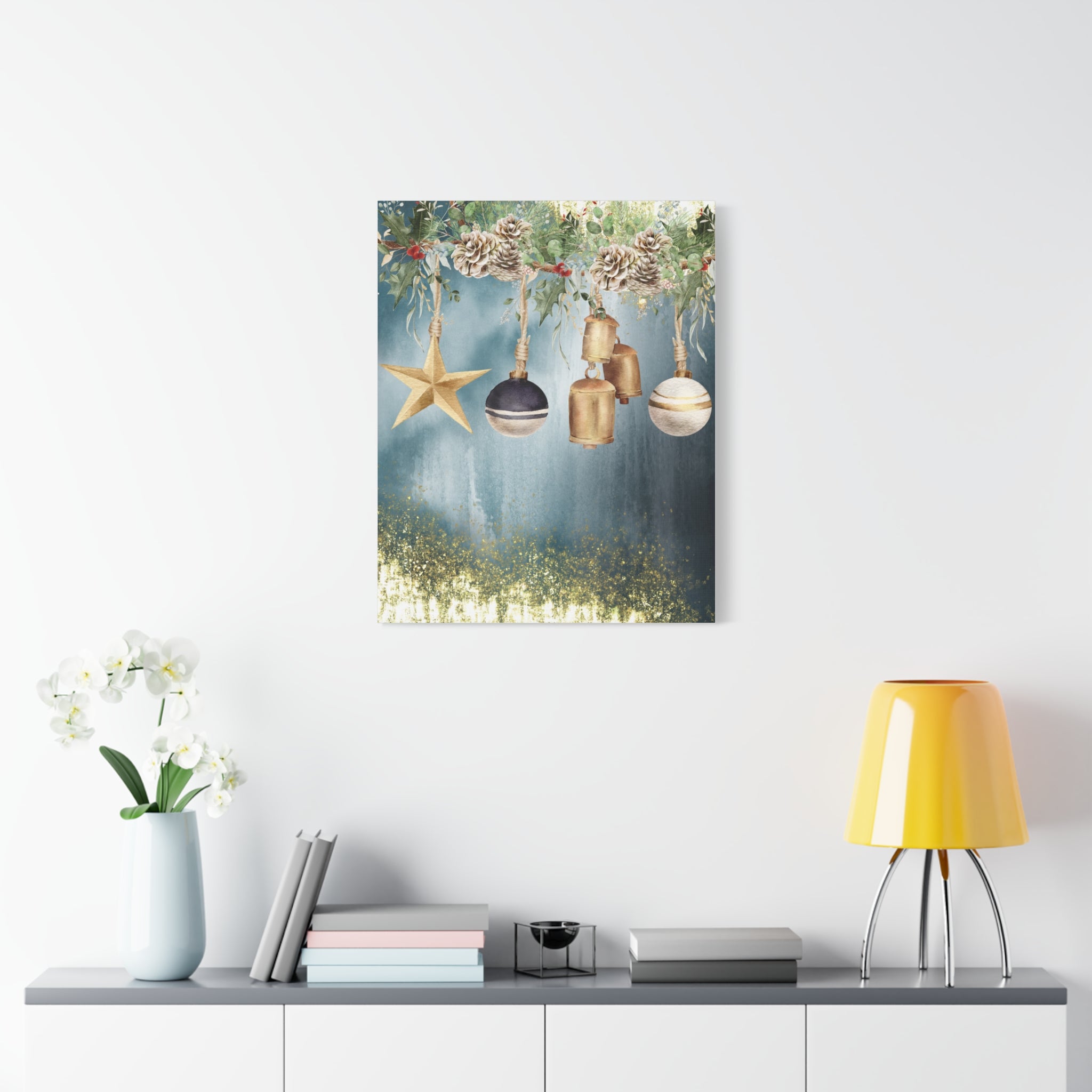 Christmas Ornaments Canvas Wall Art – Festive Gold Bells & Pine Garland Matte Print