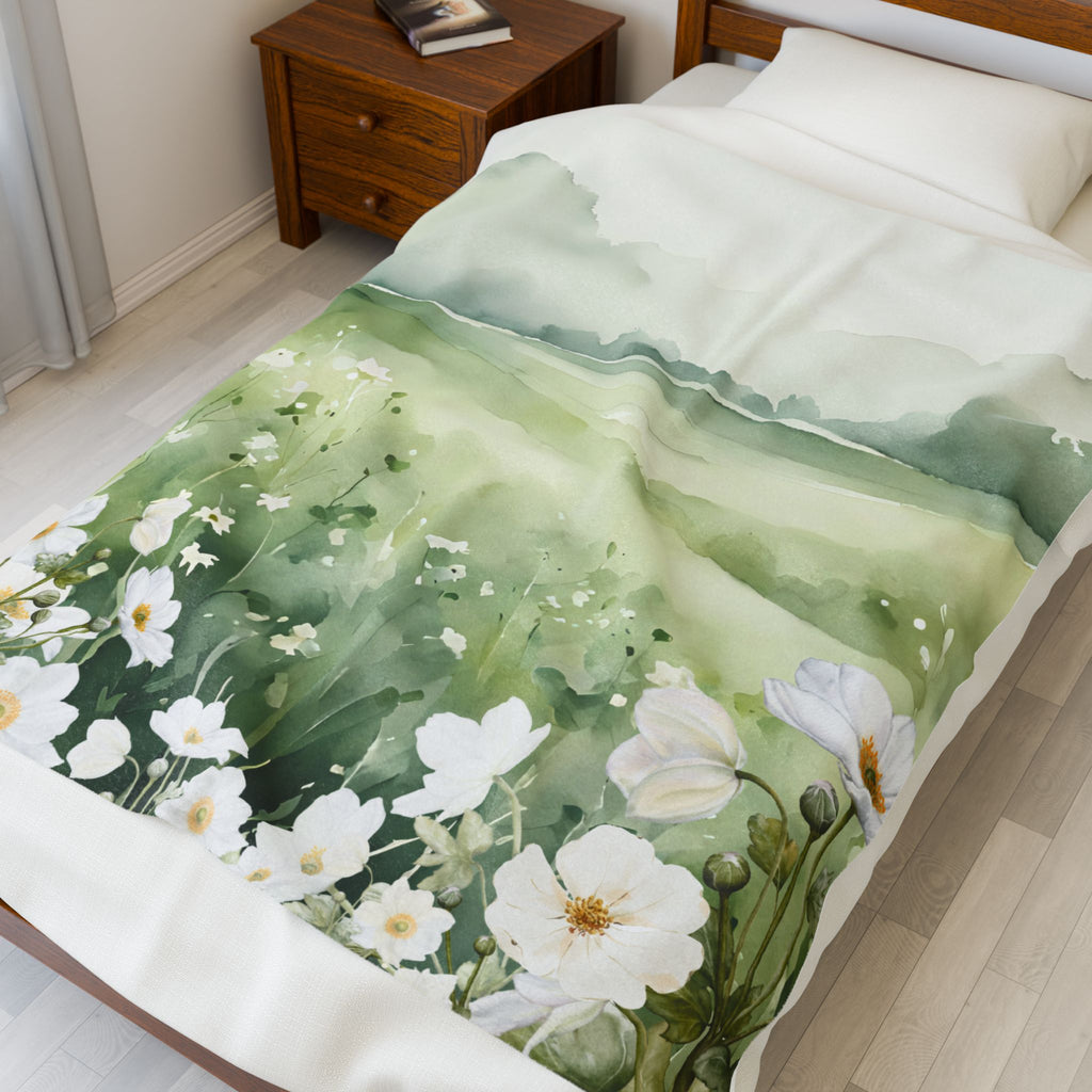 Plush Blanket Soft Green Landscape with Flower Design
