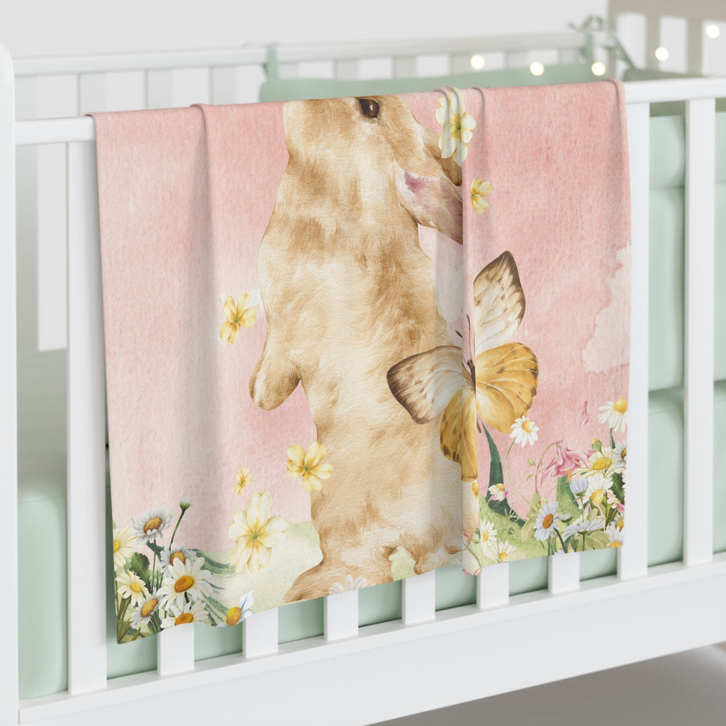 Watercolor Bunny with Butterflies Baby Swaddle Blanket | Pink Floral Nursery