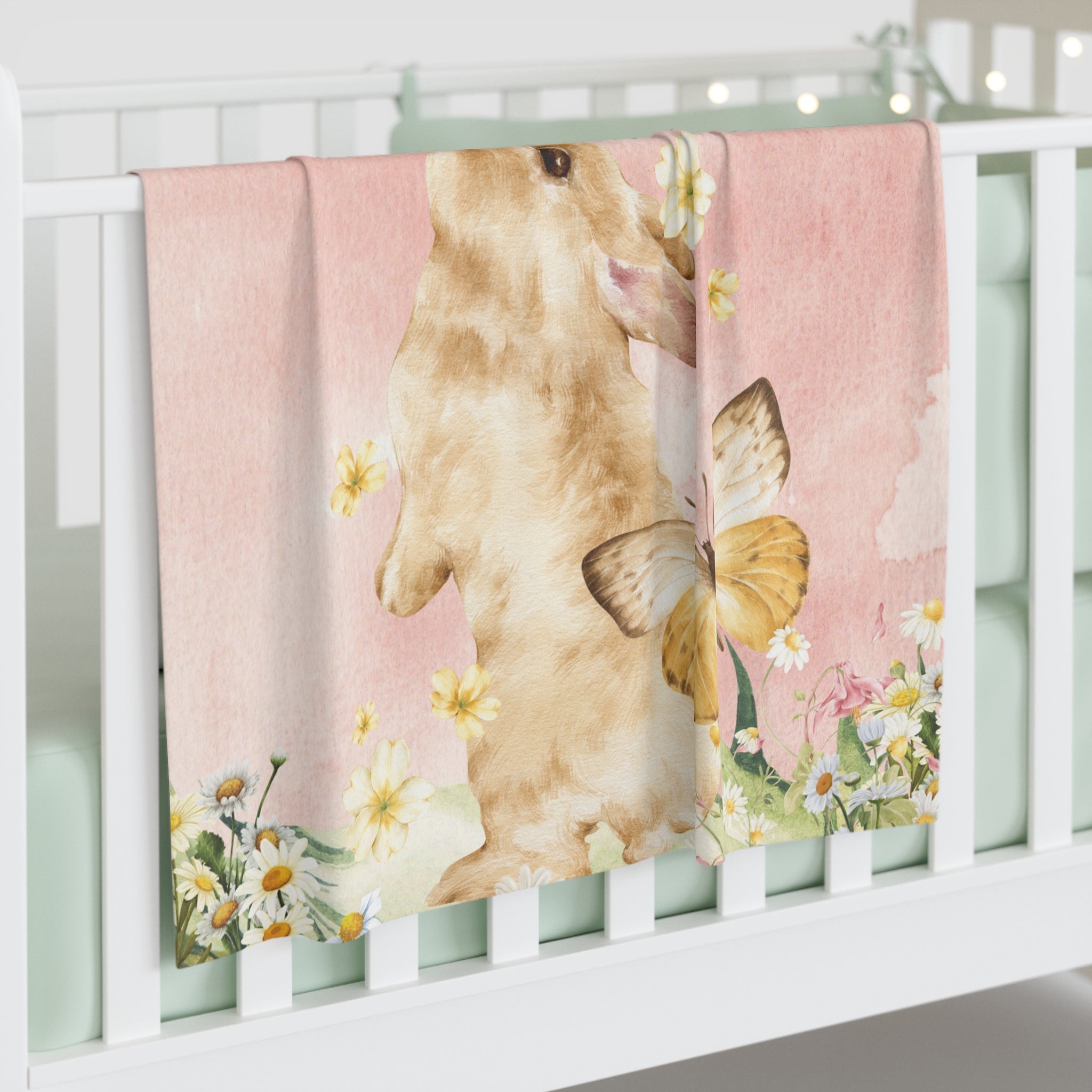 Watercolor Bunny with Butterflies Baby Swaddle Blanket | Pink Floral Nursery