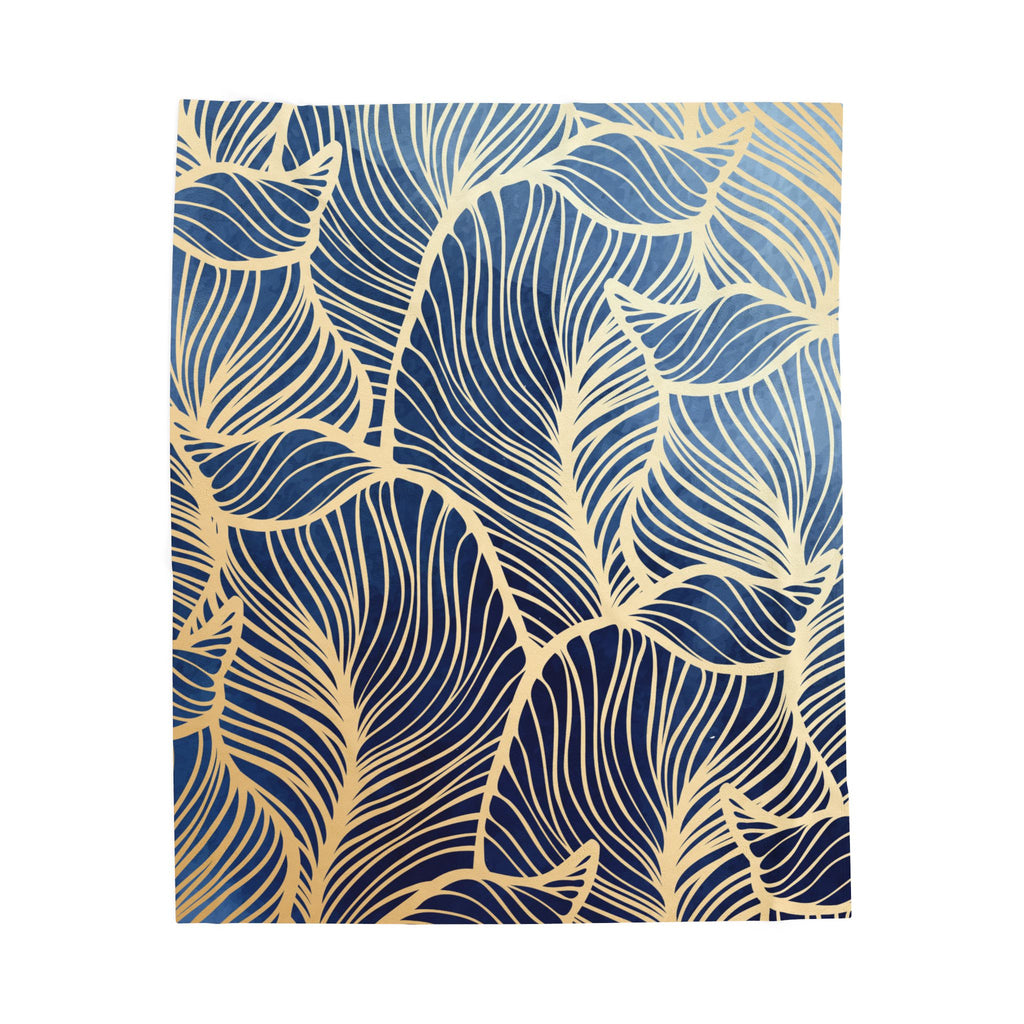 Plush Blanket - Elegant Navy Blue and Gold Leaves Design