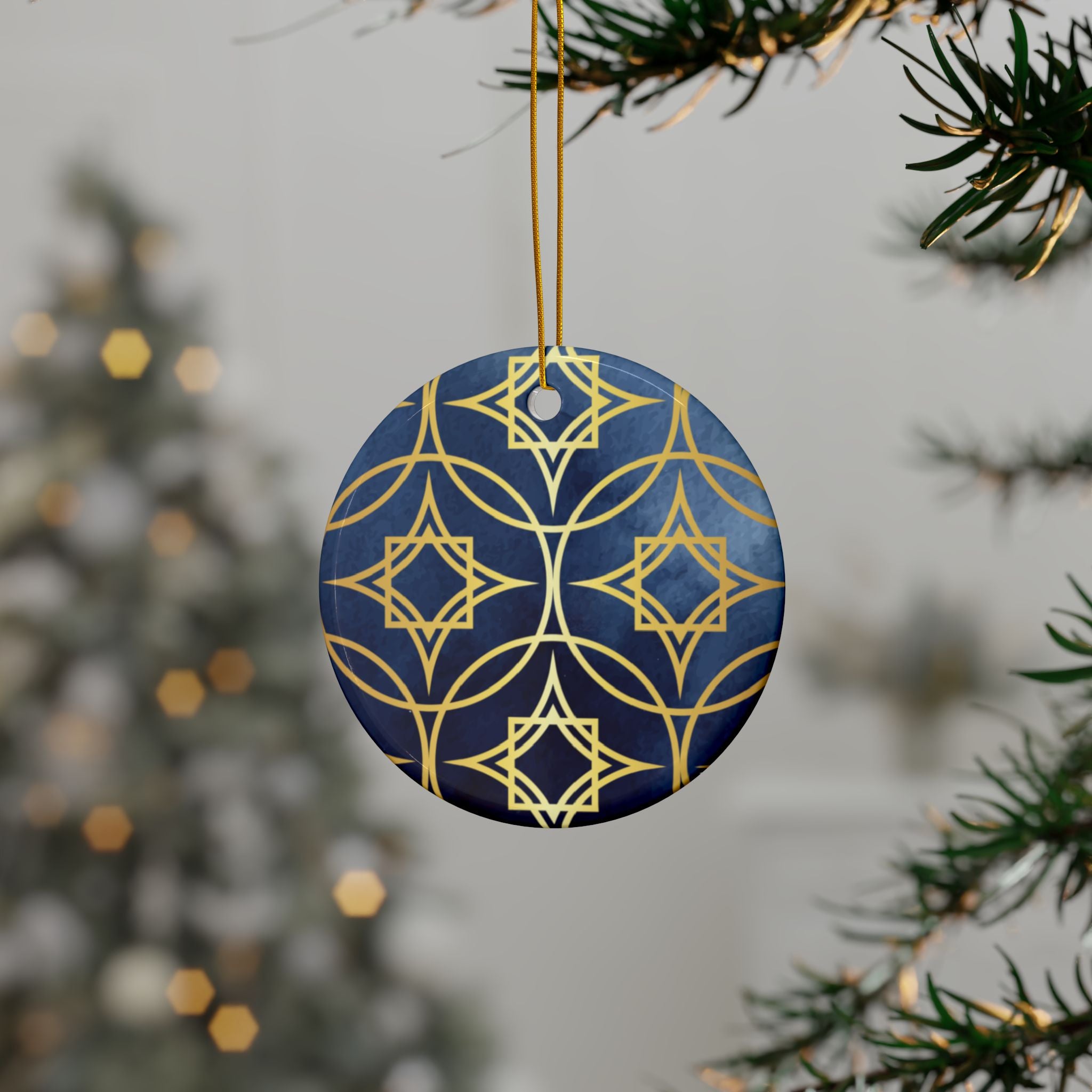 Ceramic Ornaments, Elegant Navy Blue and Gold Ornament, Holiday Decor