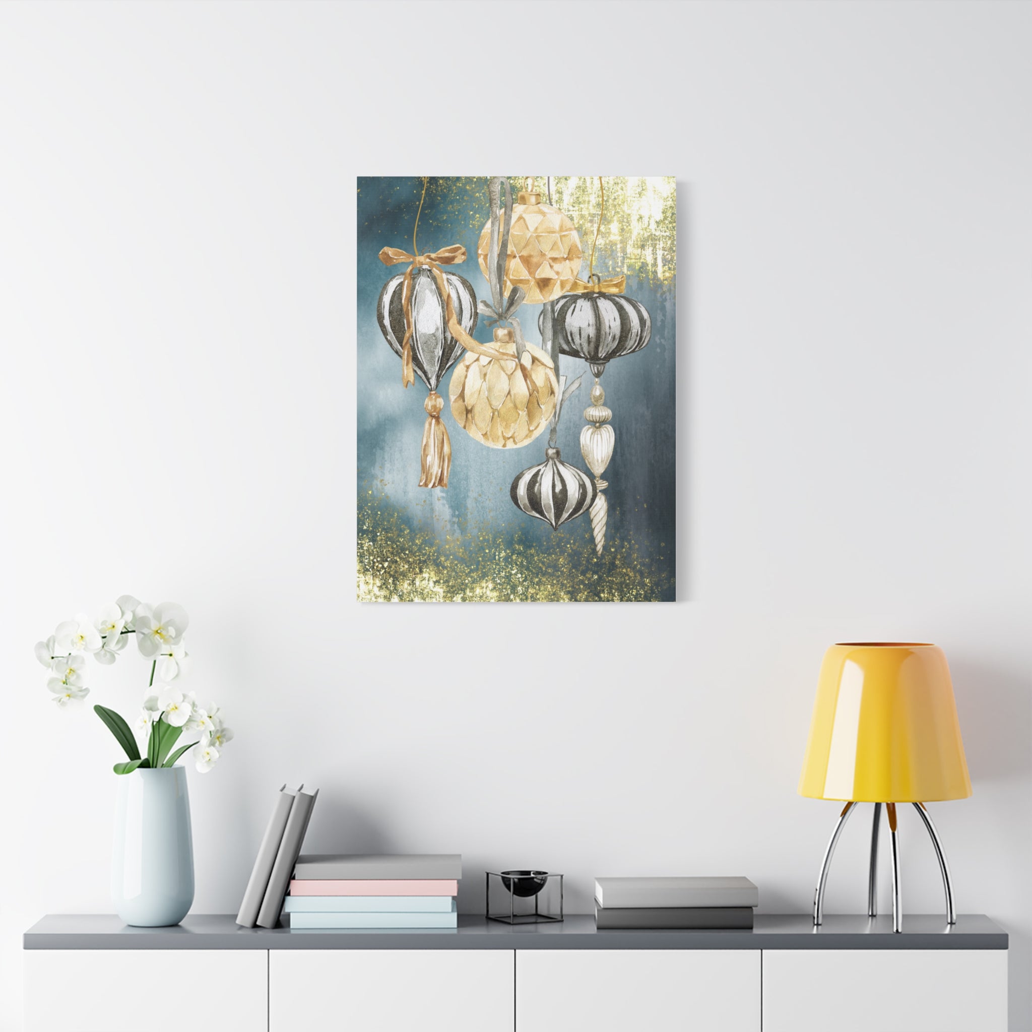 Holiday Ornament Wall Art Canvas — Gold & Teal Christmas Decorations