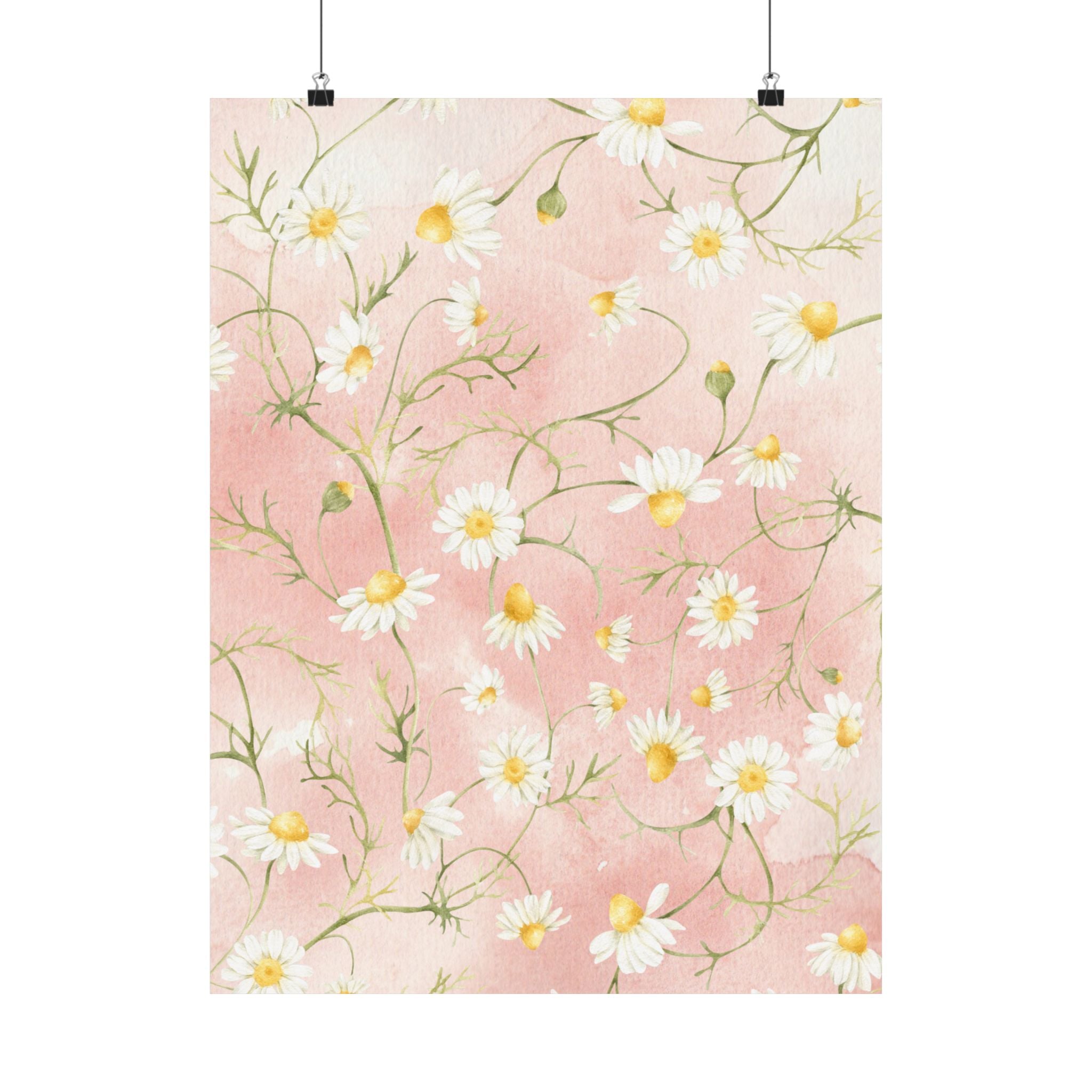 Daisy Watercolor Pattern Matte Vertical Poster | Pink Floral Wall Art