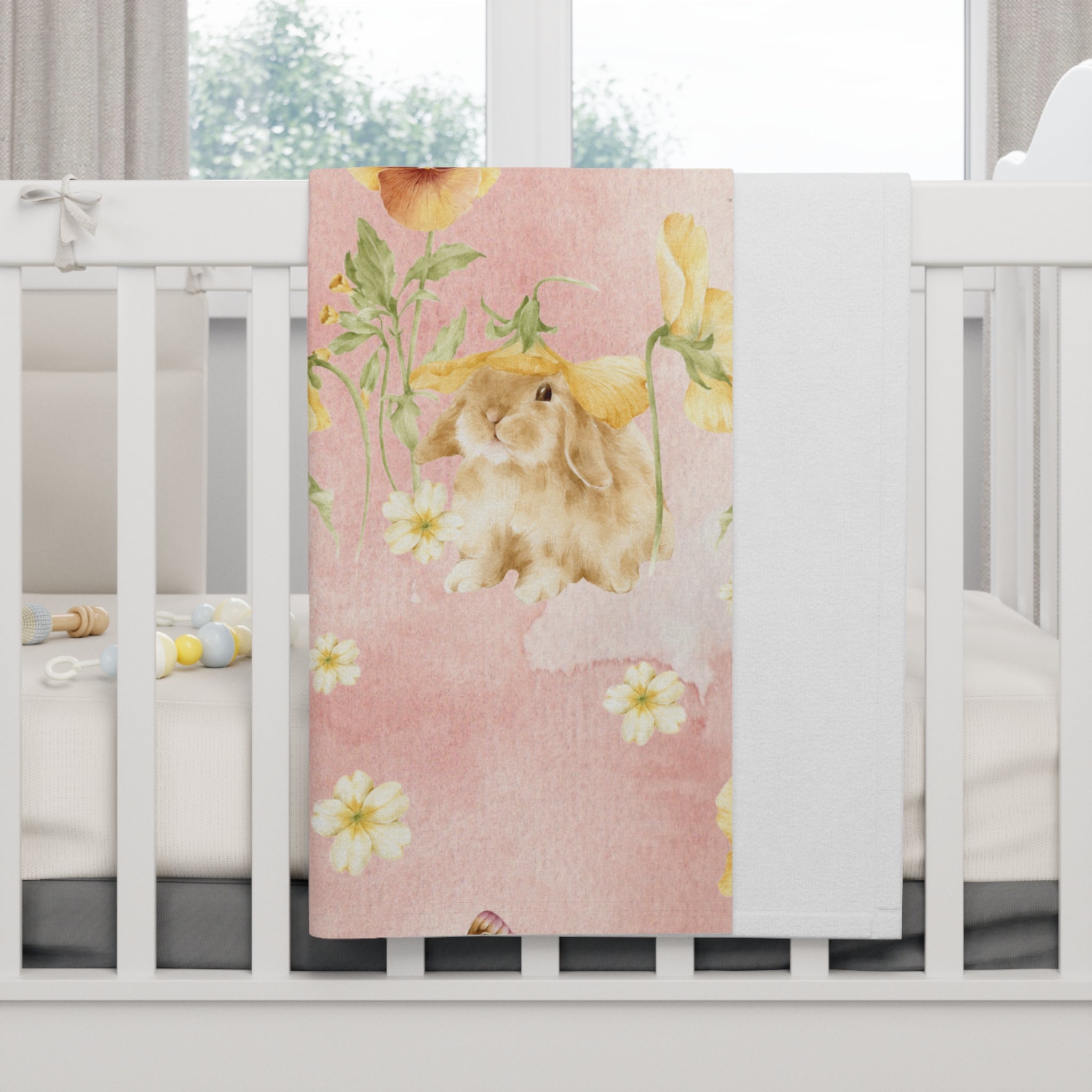 Watercolor Bunny Butterflies Baby Blanket | Pink Floral Fleece
