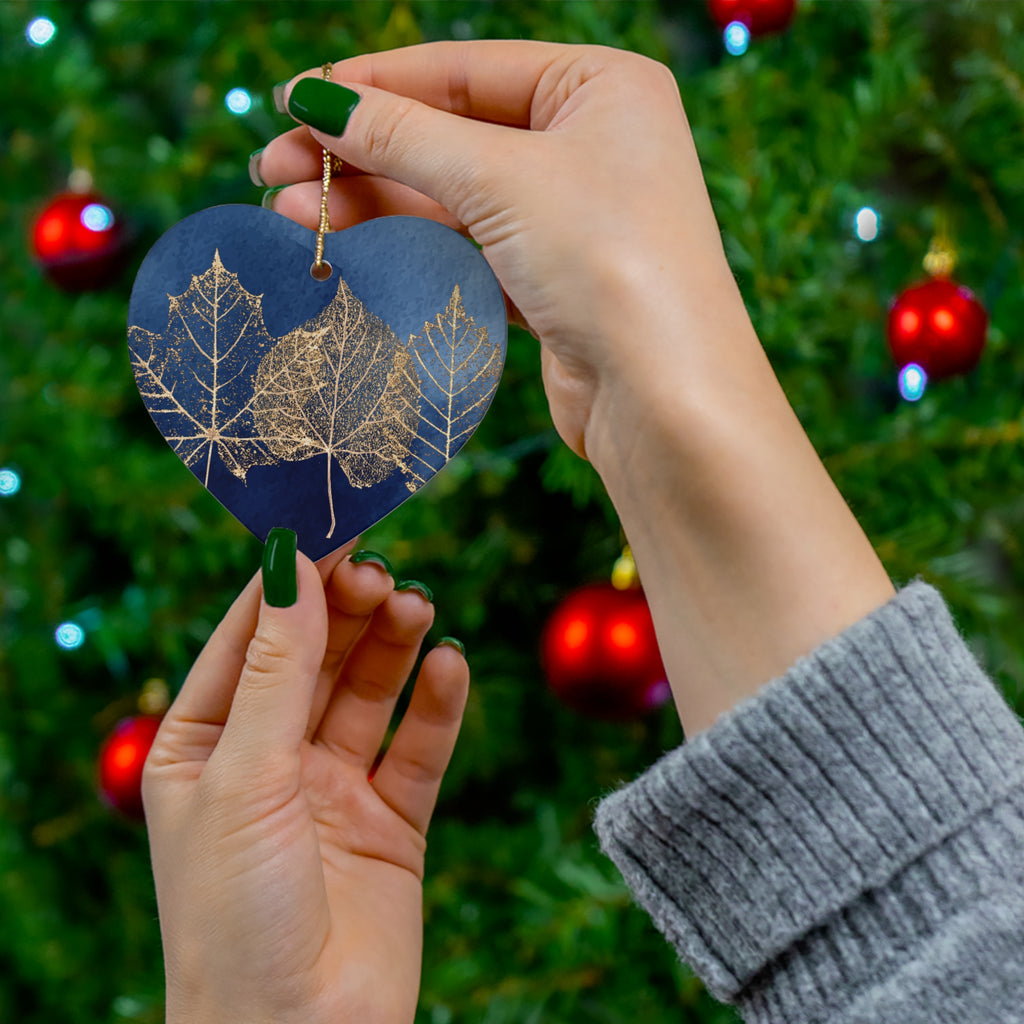 Ceramic Ornament - Navy Blue with Gold Leaves