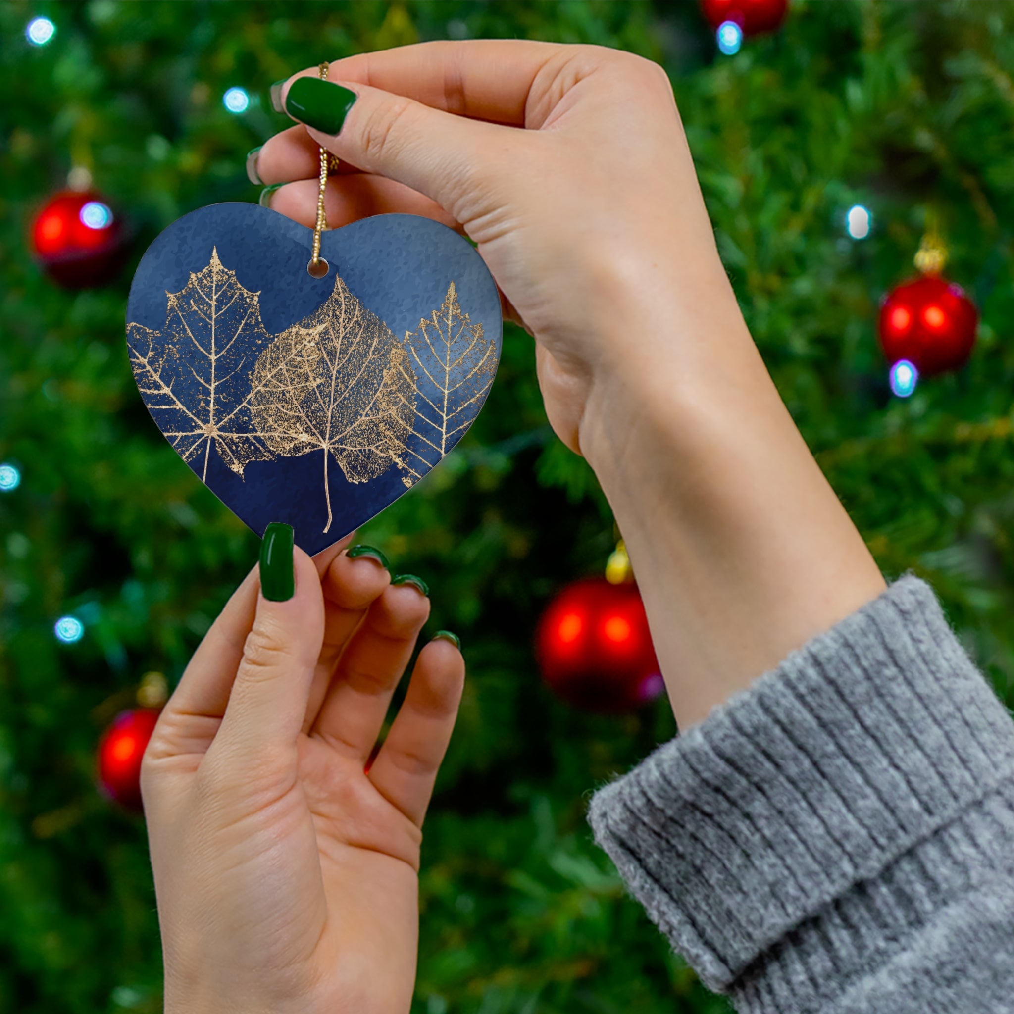 Ceramic Ornament - Navy Blue with Gold Leaves