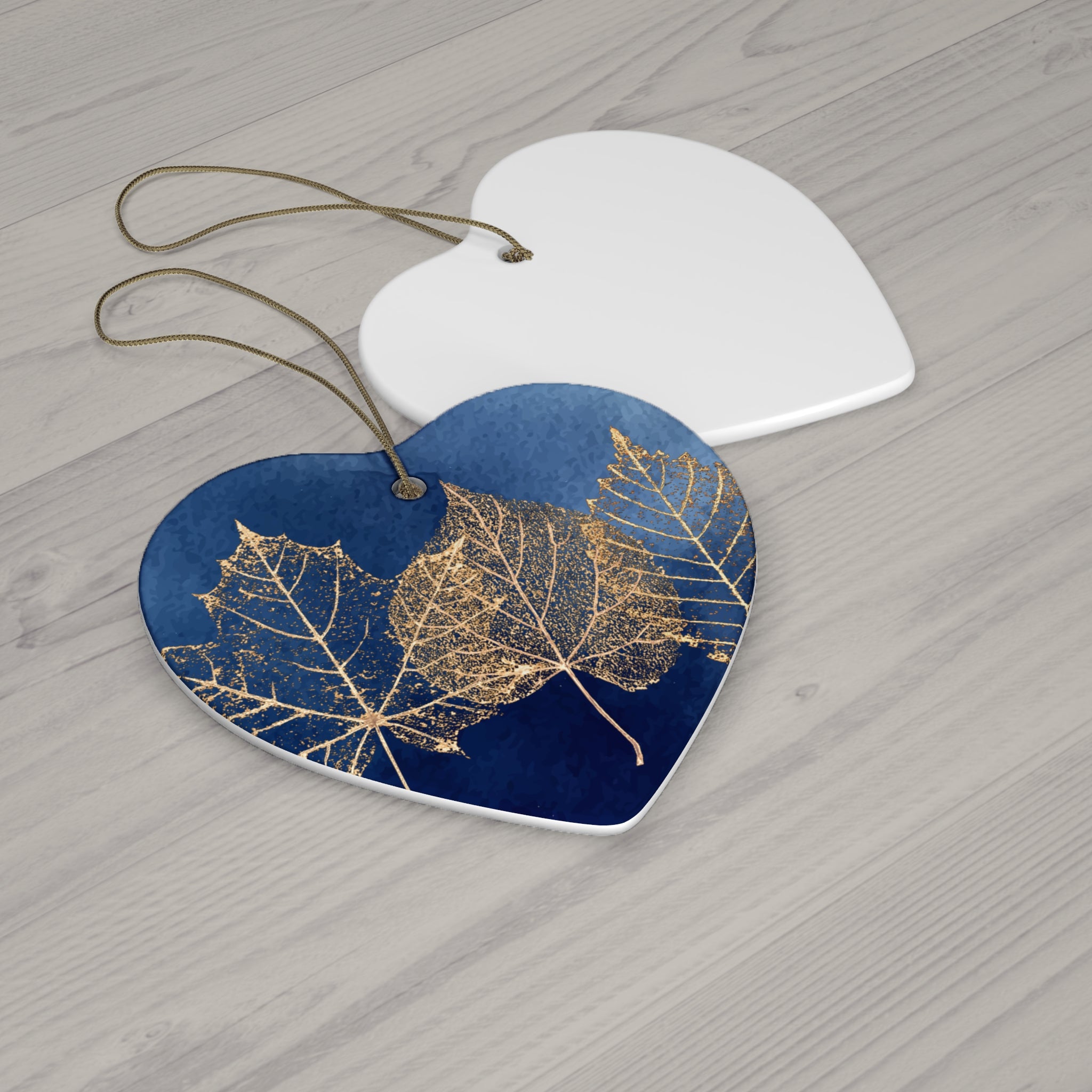 Ceramic Ornament - Navy Blue with Gold Leaves