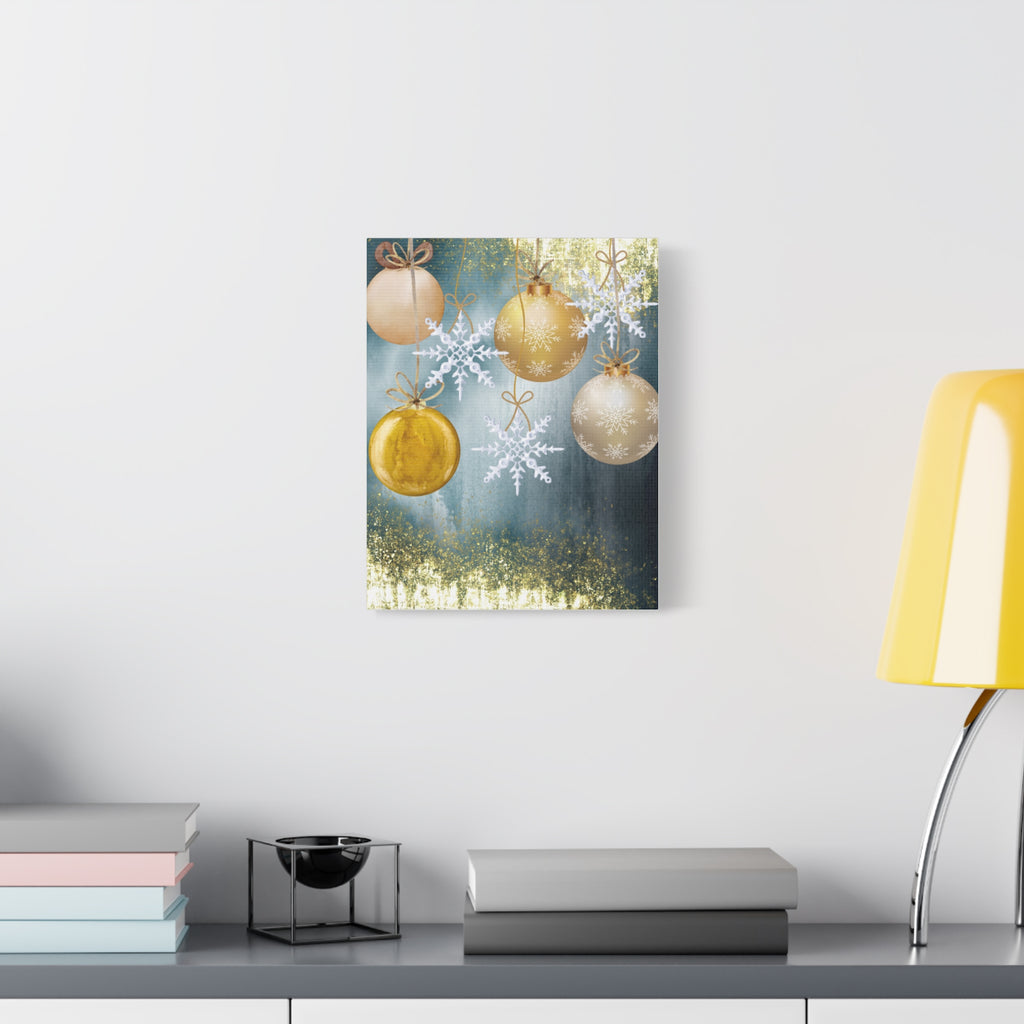 Holiday Ornament Canvas Print — Gold Baubles & Snowflakes Matte Wall Art