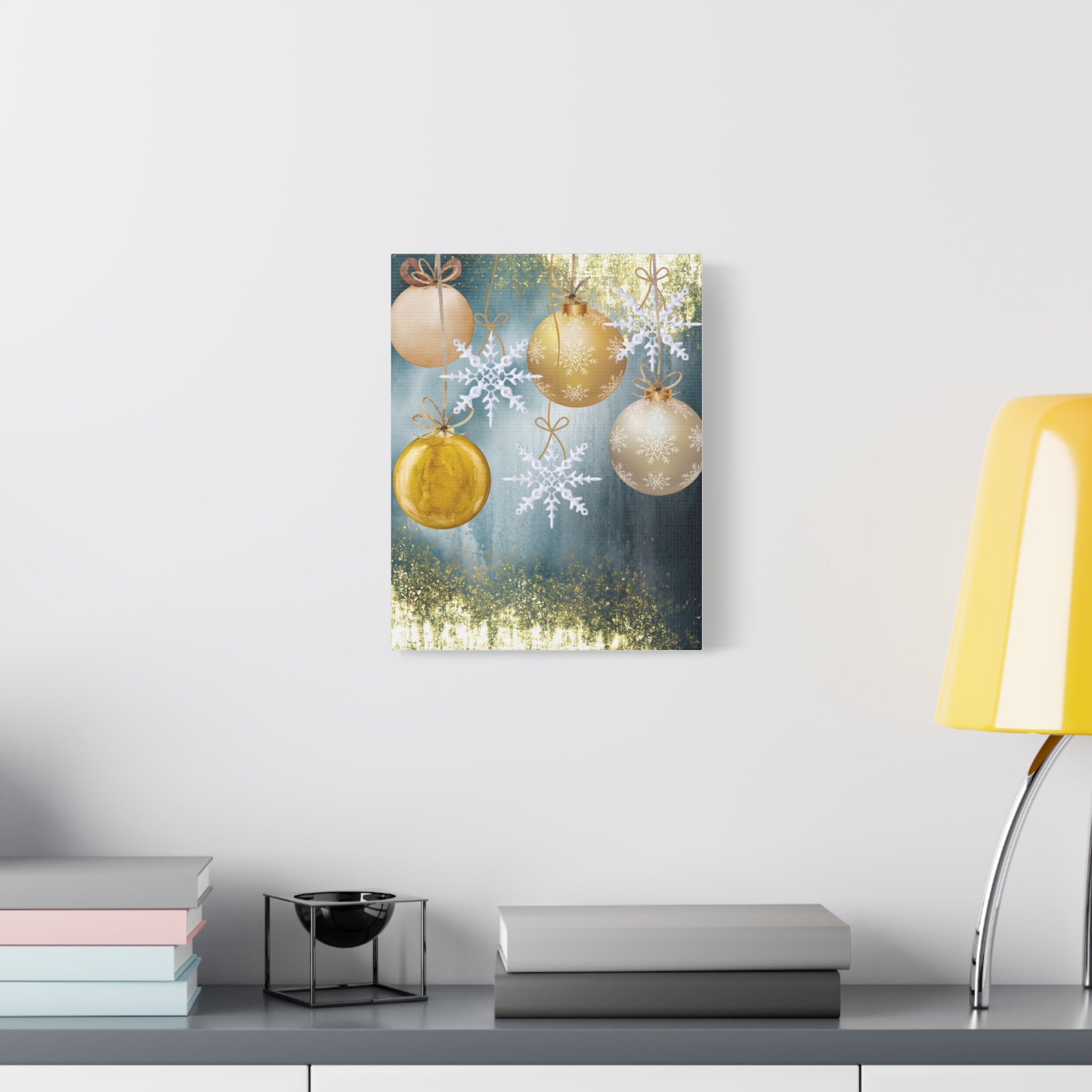 Holiday Ornament Canvas Print — Gold Baubles & Snowflakes Matte Wall Art