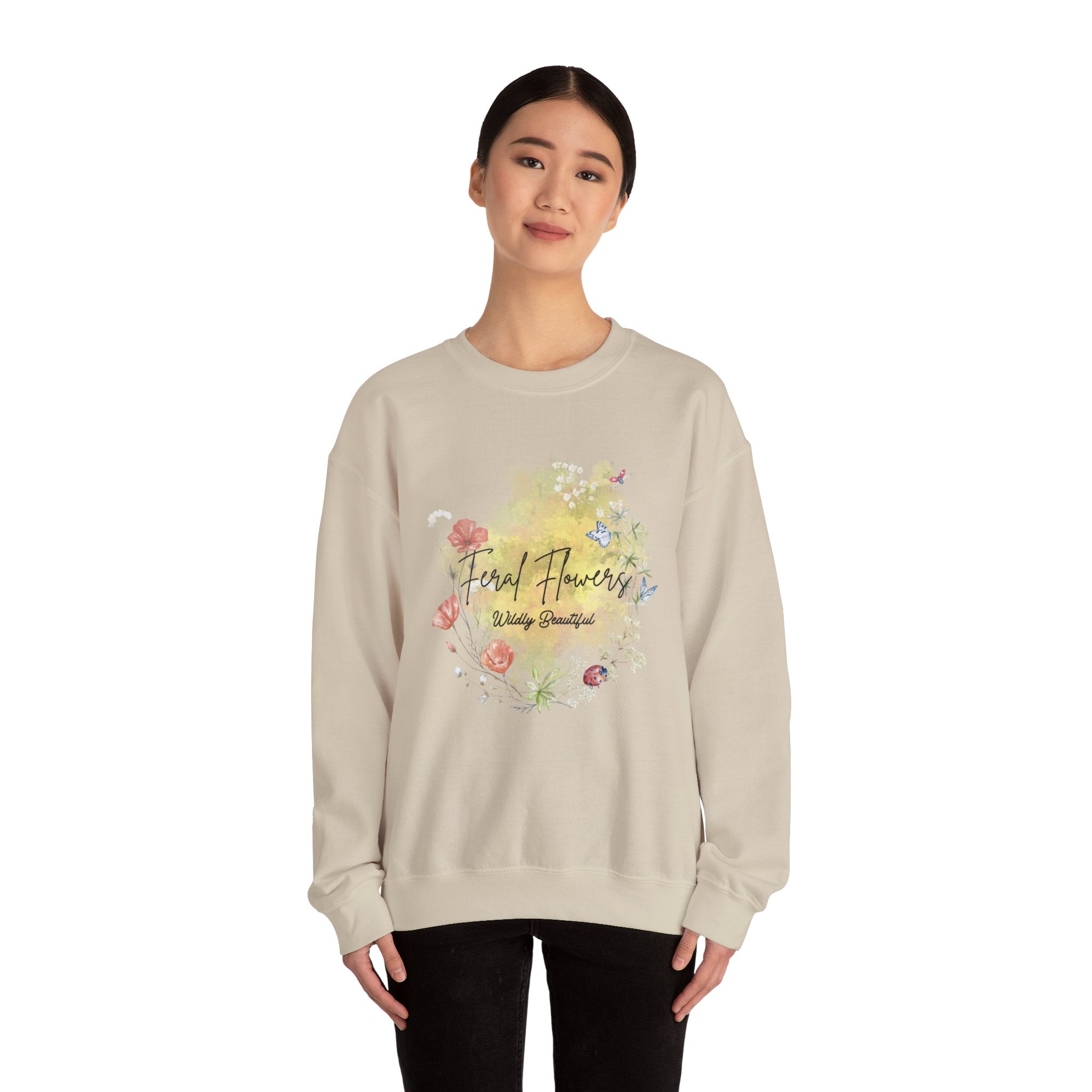 Crewneck Sweatshirt Feral Flowers Wildly Beautiful Slogan Watercolor Ladybugs Butterflies Floral Wreath