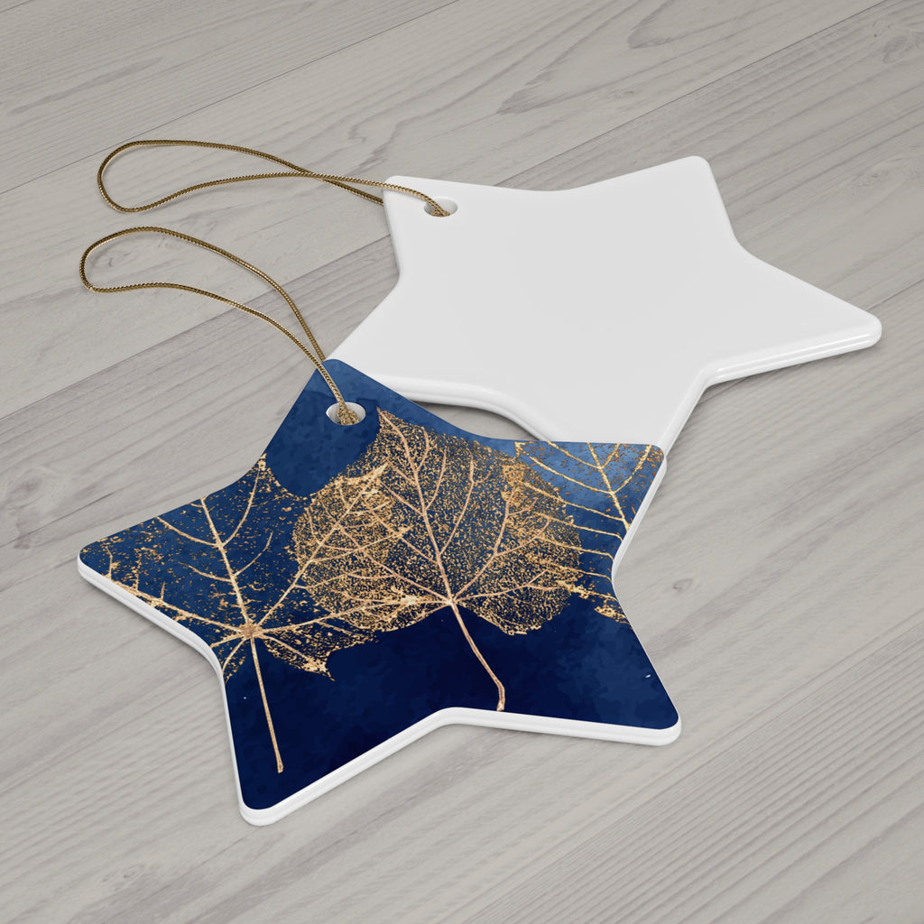 Ceramic Ornament - Navy Blue with Gold Leaves