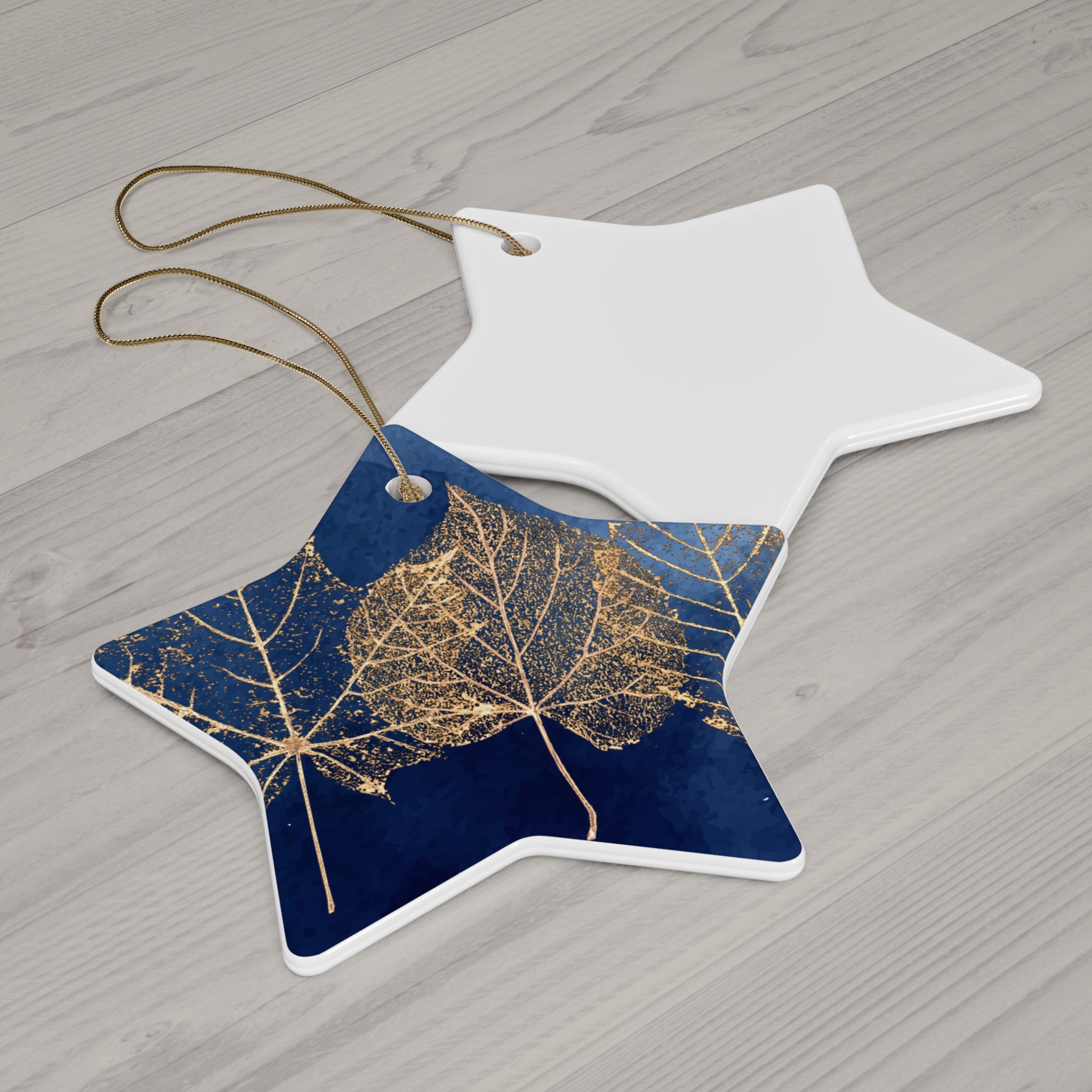 Ceramic Ornament - Navy Blue with Gold Leaves