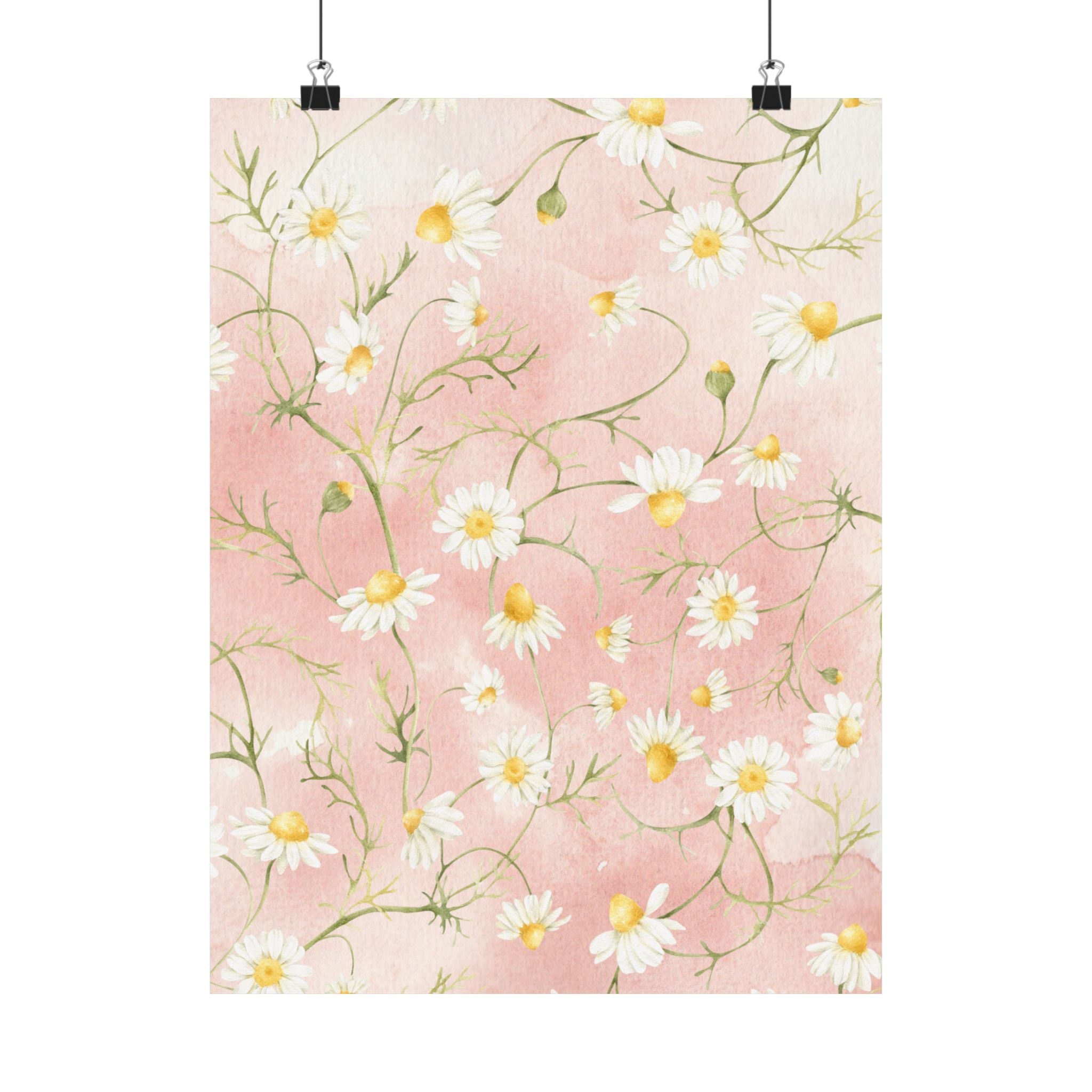 Daisy Watercolor Pattern Matte Vertical Poster | Pink Floral Wall Art