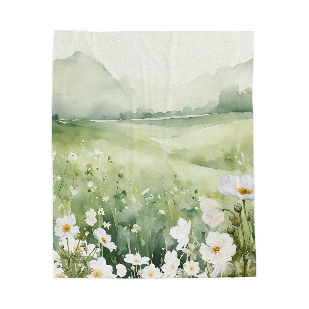Plush Blanket Soft Green Landscape with Flower Design