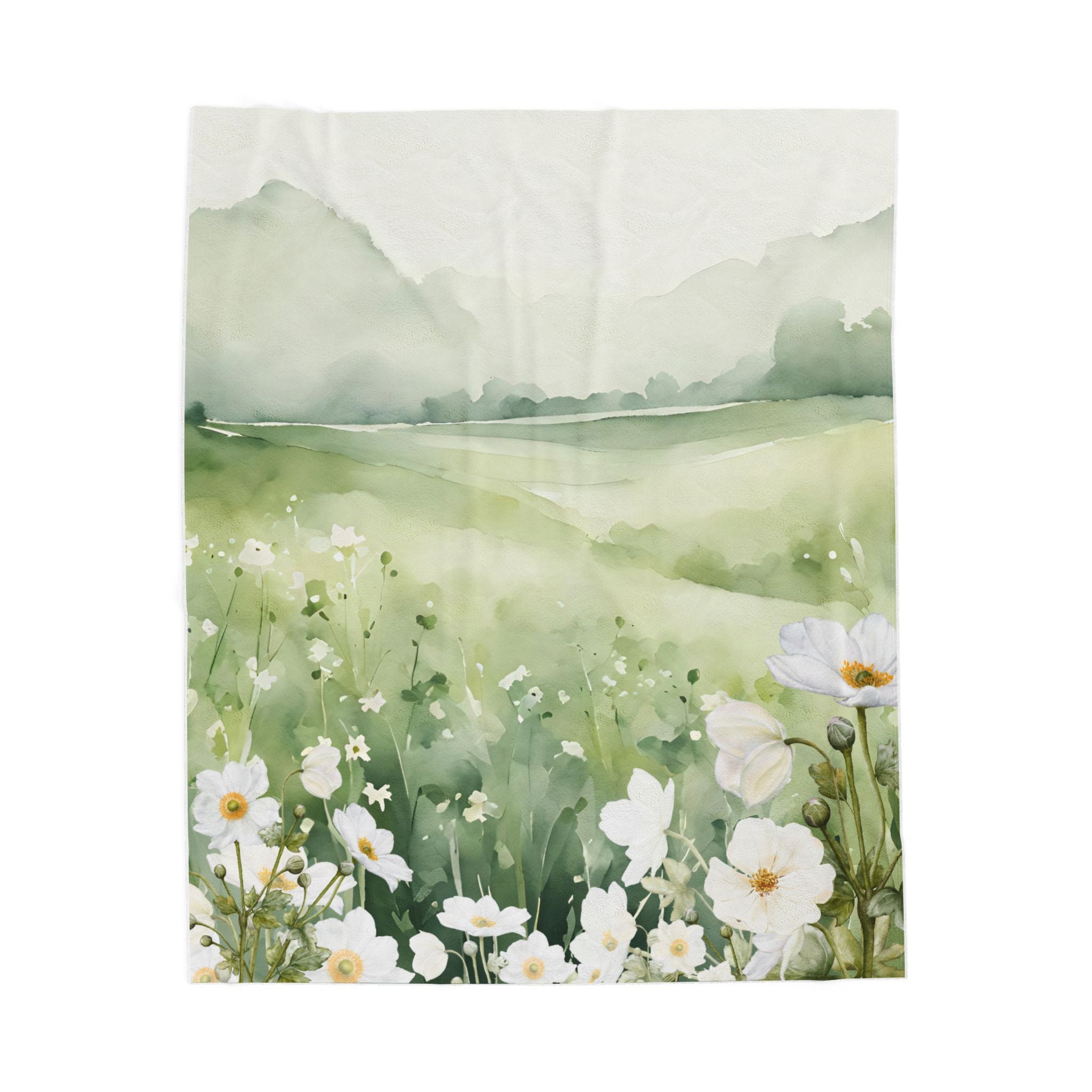 Plush Blanket Soft Green Landscape with Flower Design