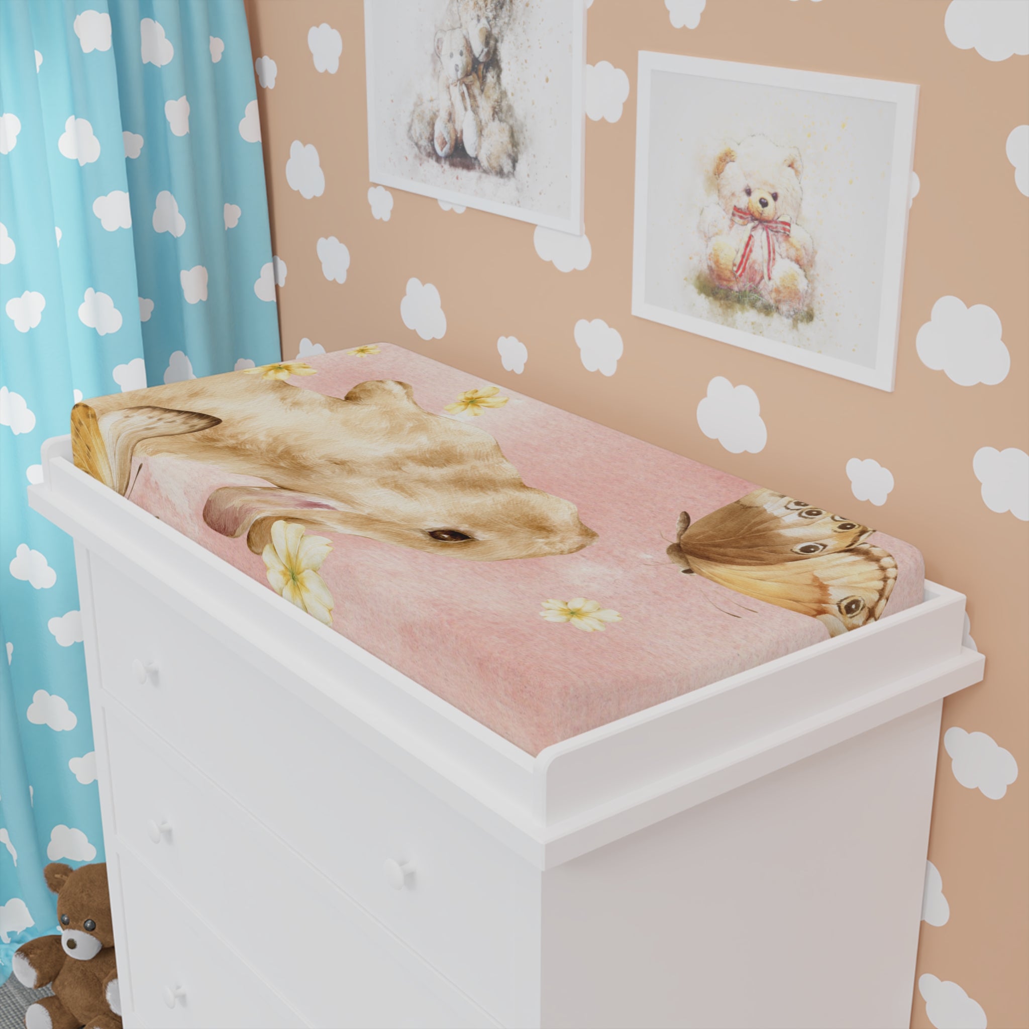 Watercolor Baby Bunny Baby Changing Pad Cover, Floral Daisy Pink