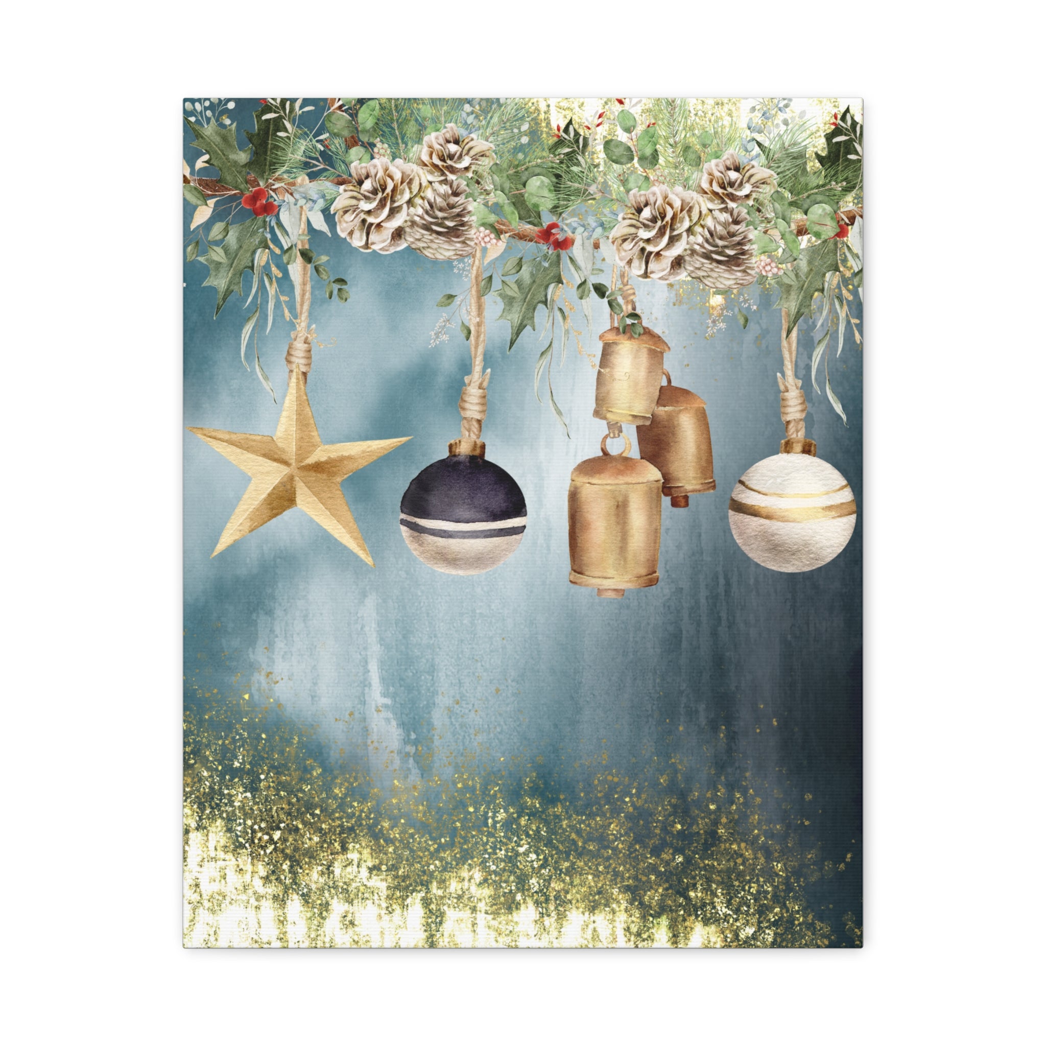 Christmas Ornaments Canvas Wall Art – Festive Gold Bells & Pine Garland Matte Print