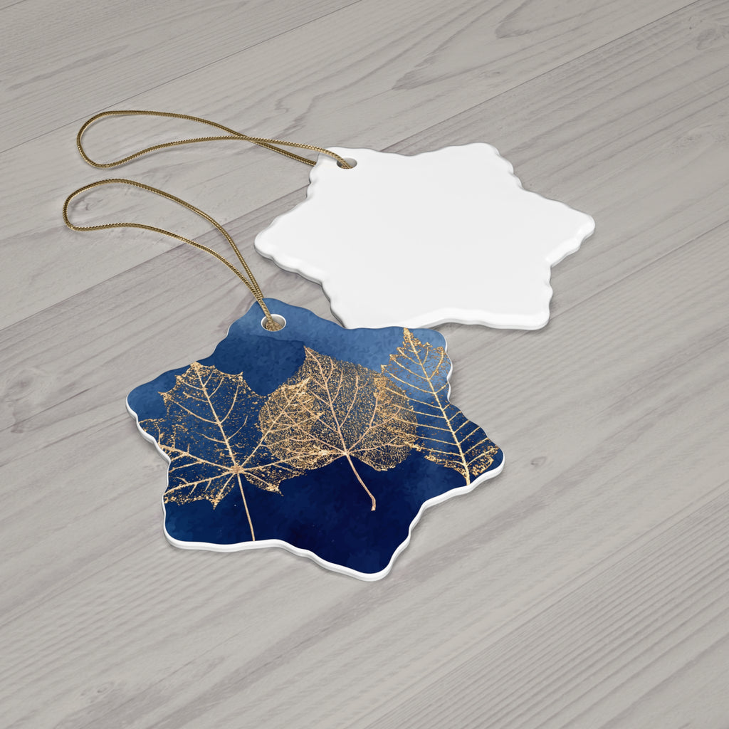 Ceramic Ornament - Navy Blue with Gold Leaves