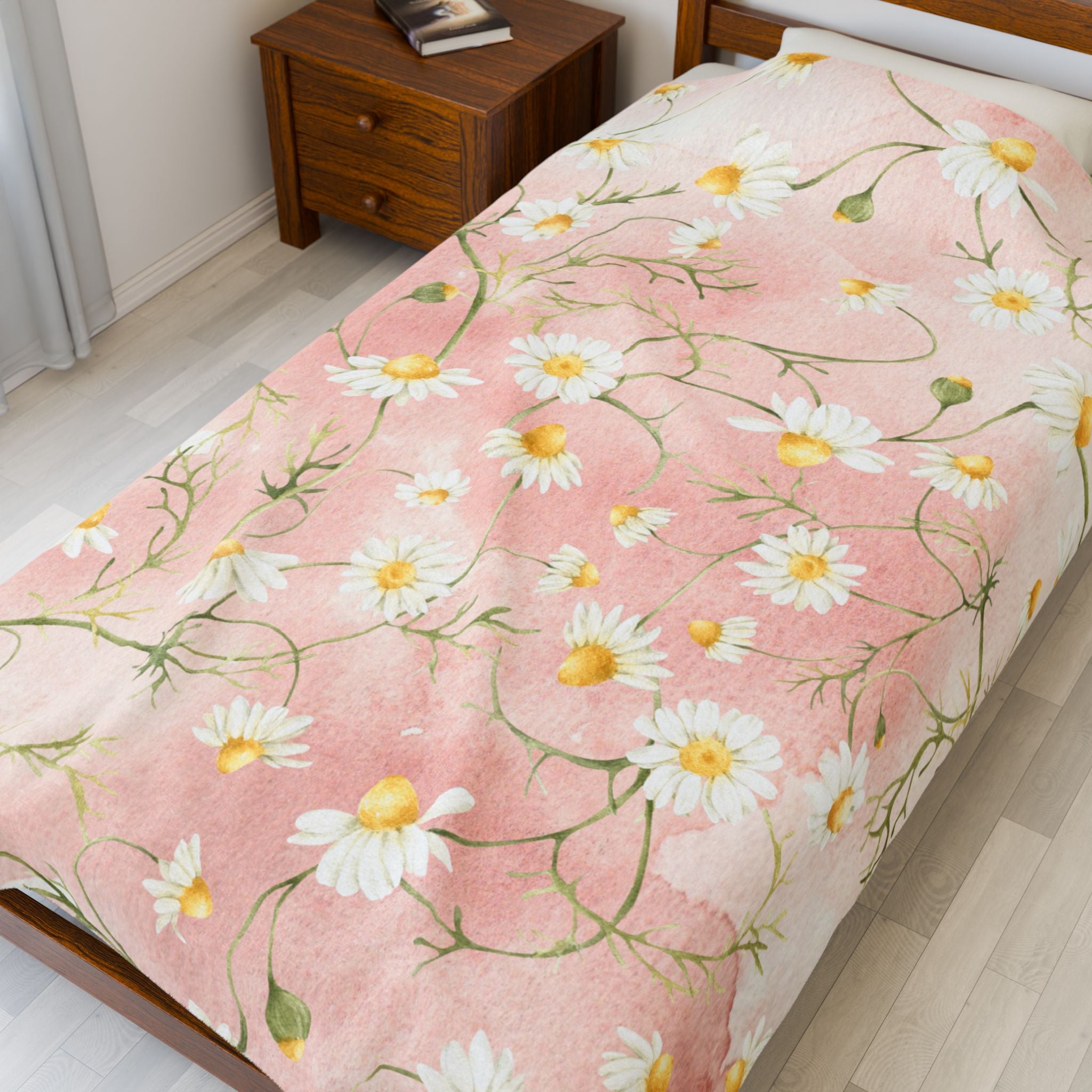 Daisy Meadow Throw Blanket | Pink Floral Velveteen Plush Blanket