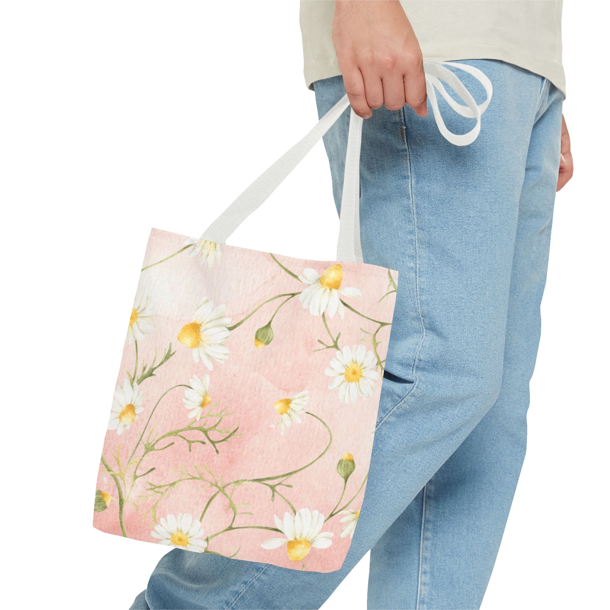 Dainty Daisy Floral Tote Bag | Pink Watercolor Daisies, All-Over Print