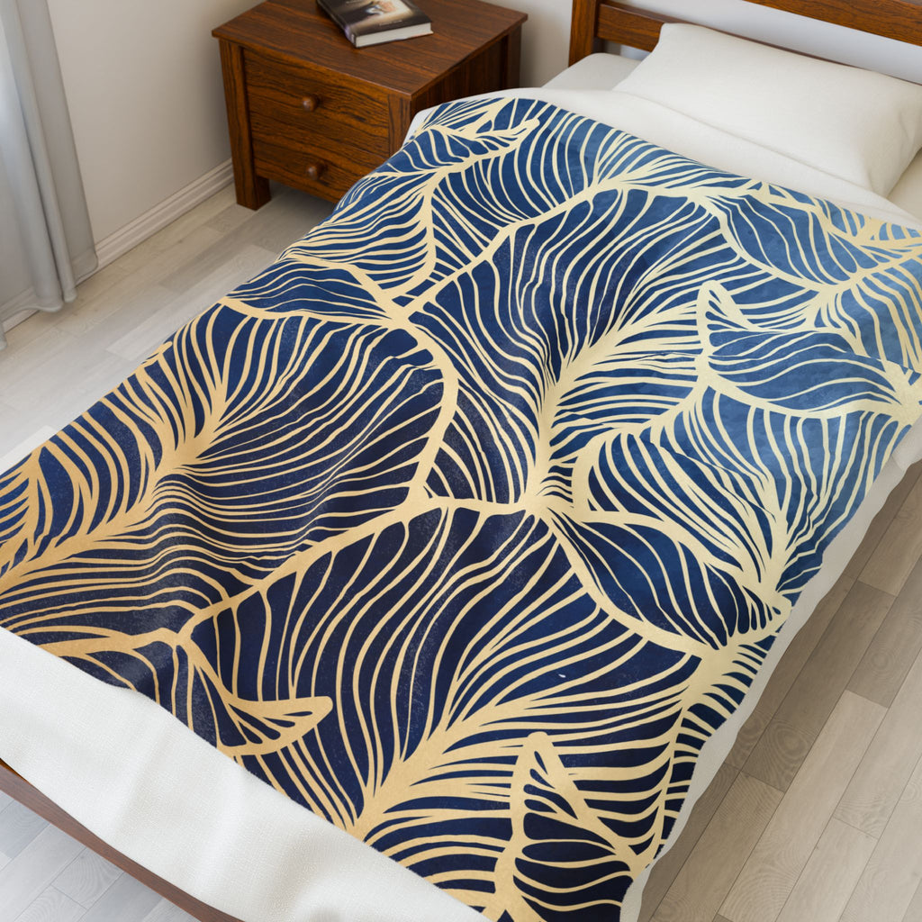 Plush Blanket - Elegant Navy Blue and Gold Leaves Design