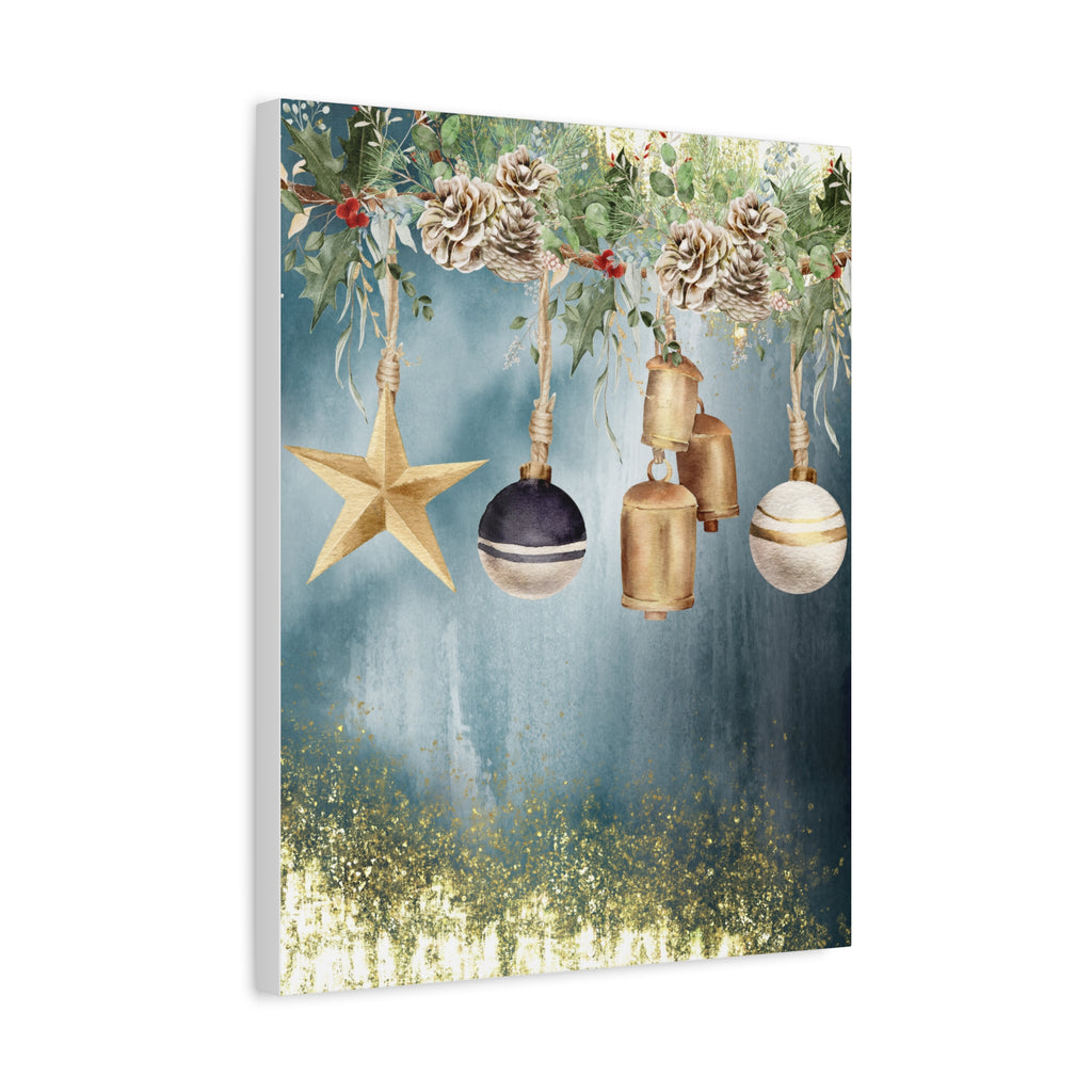 Christmas Ornaments Canvas Wall Art – Festive Gold Bells & Pine Garland Matte Print