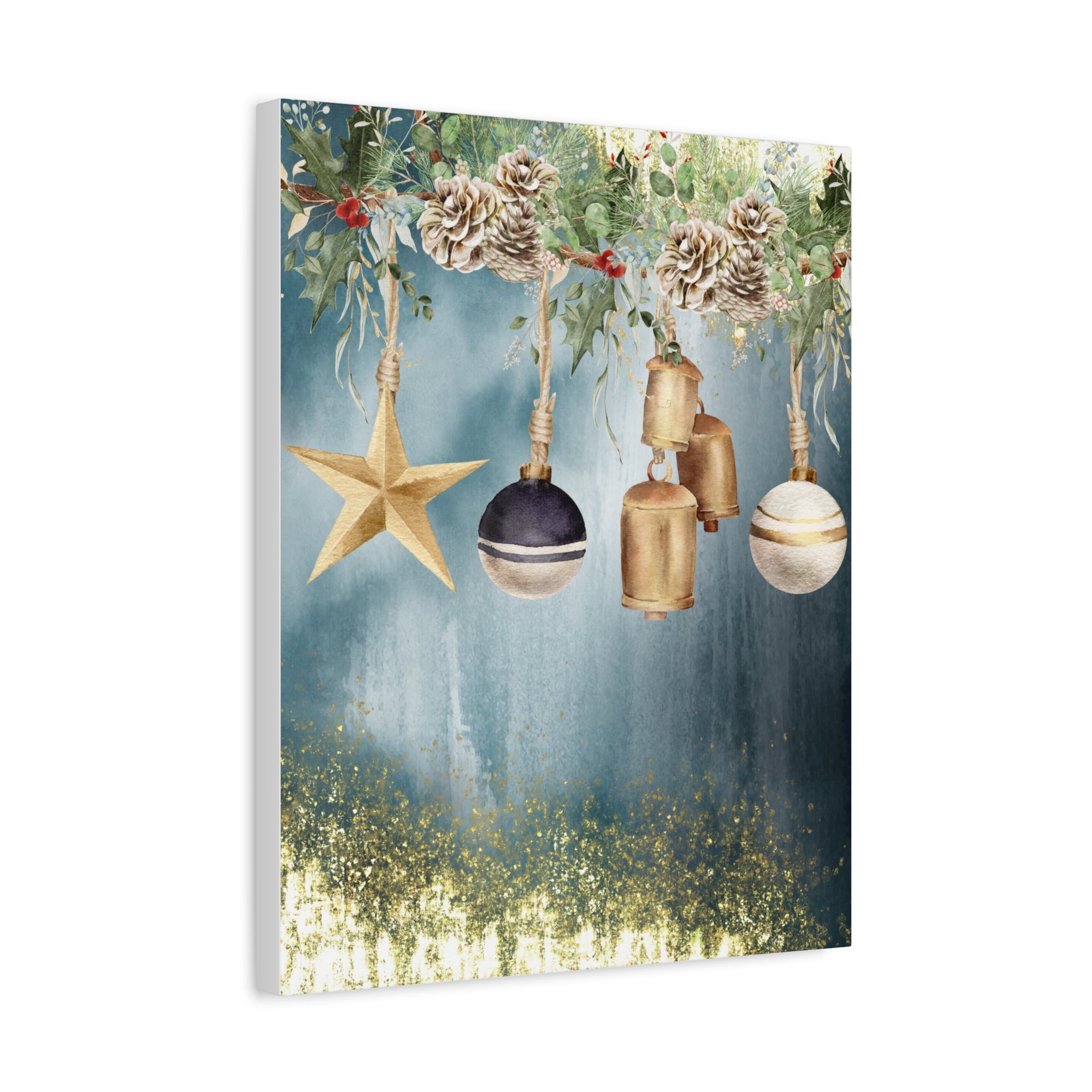 Christmas Ornaments Canvas Wall Art – Festive Gold Bells & Pine Garland Matte Print