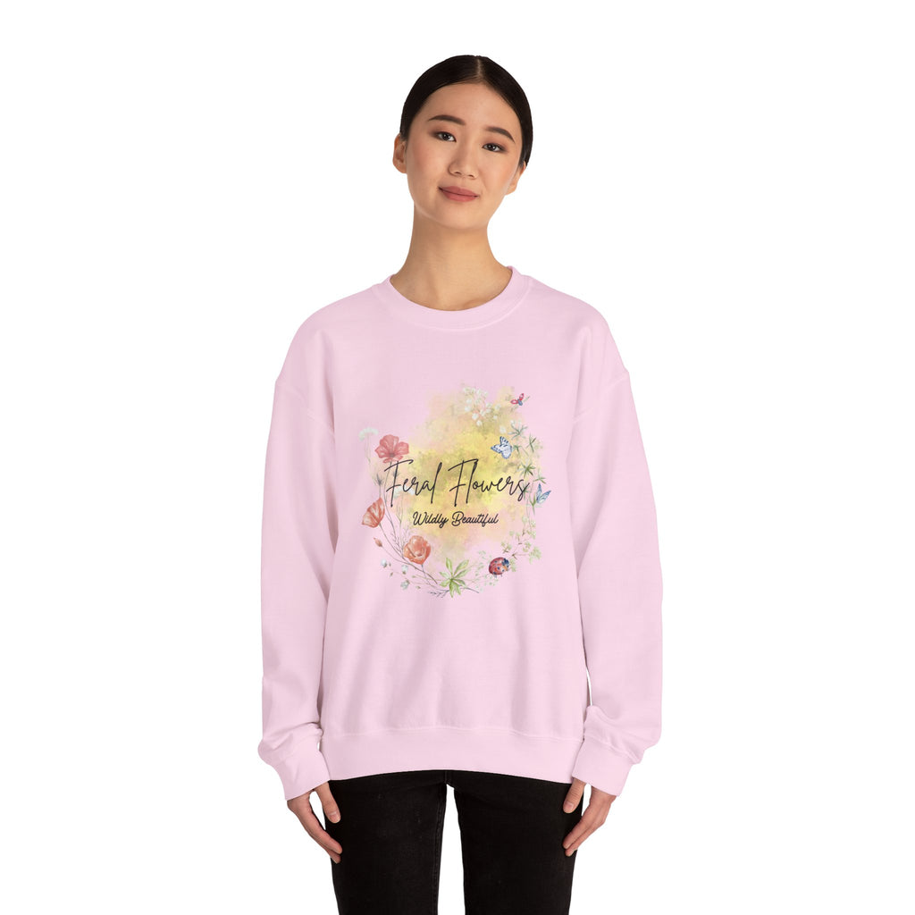 Crewneck Sweatshirt Feral Flowers Wildly Beautiful Slogan Watercolor Ladybugs Butterflies Floral Wreath