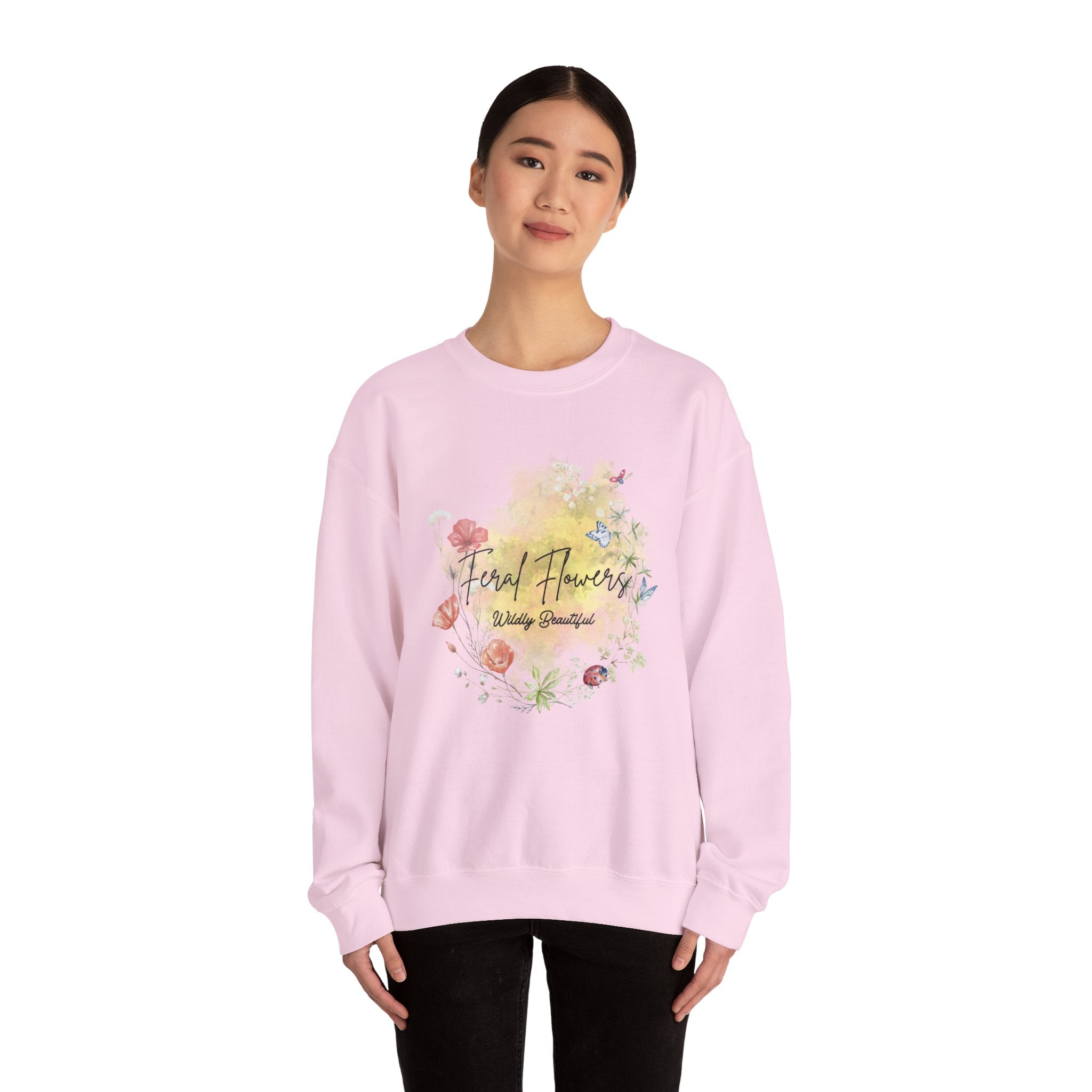 Crewneck Sweatshirt Feral Flowers Wildly Beautiful Slogan Watercolor Ladybugs Butterflies Floral Wreath