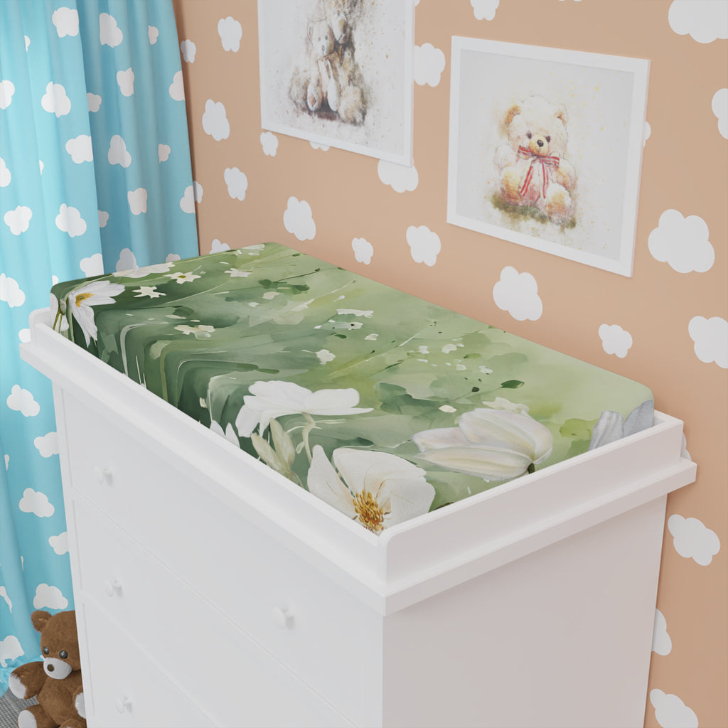 Floral Baby Changing Pad Cover - Soft Green & White Bloom Design