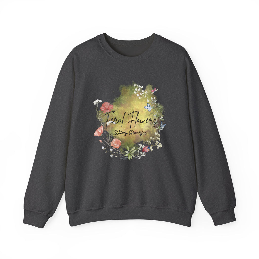 Crewneck Sweatshirt Feral Flowers Wildly Beautiful Slogan Watercolor Ladybugs Butterflies Floral Wreath