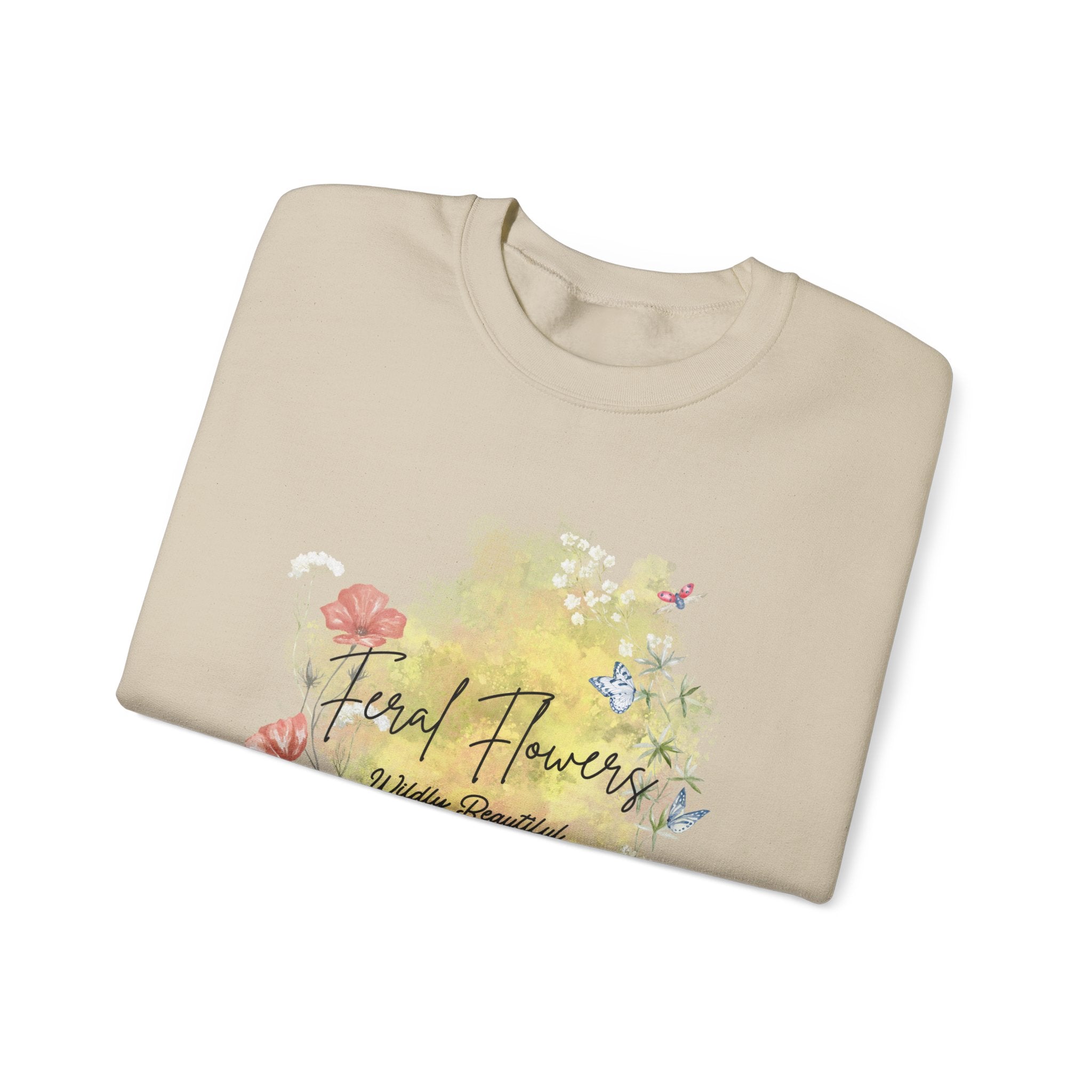 Crewneck Sweatshirt Feral Flowers Wildly Beautiful Slogan Watercolor Ladybugs Butterflies Floral Wreath