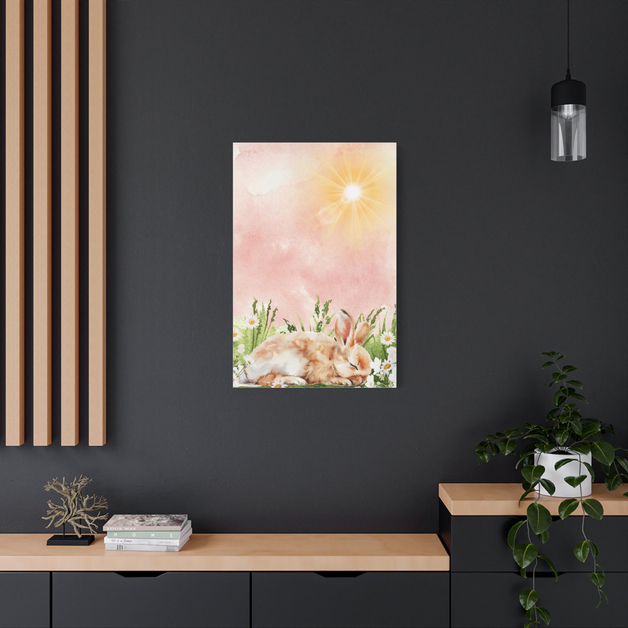 Canvas Print - Baby Bunny Napping among Flowers Watercolor Inspired Vintage Vibe