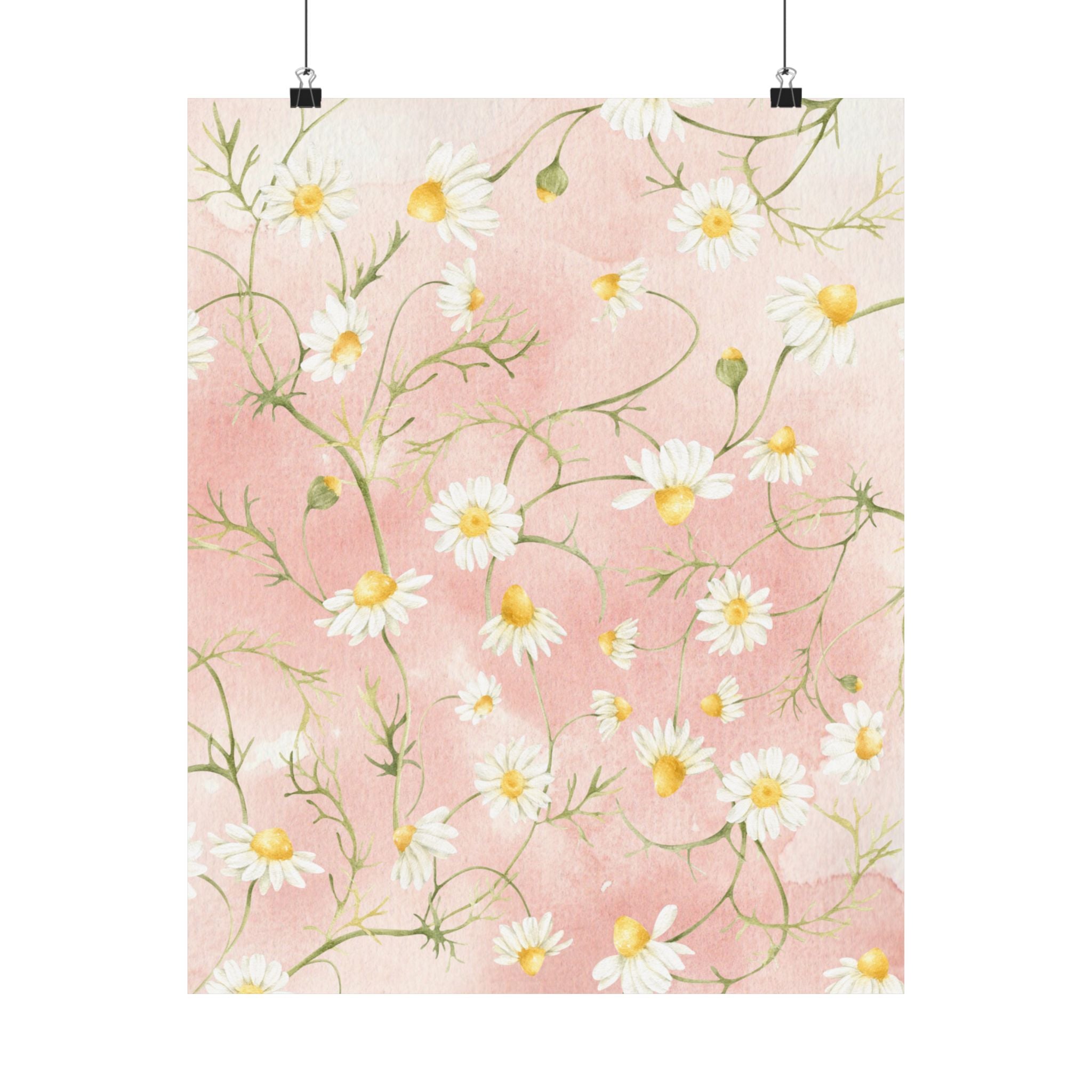 Daisy Watercolor Pattern Matte Vertical Poster | Pink Floral Wall Art