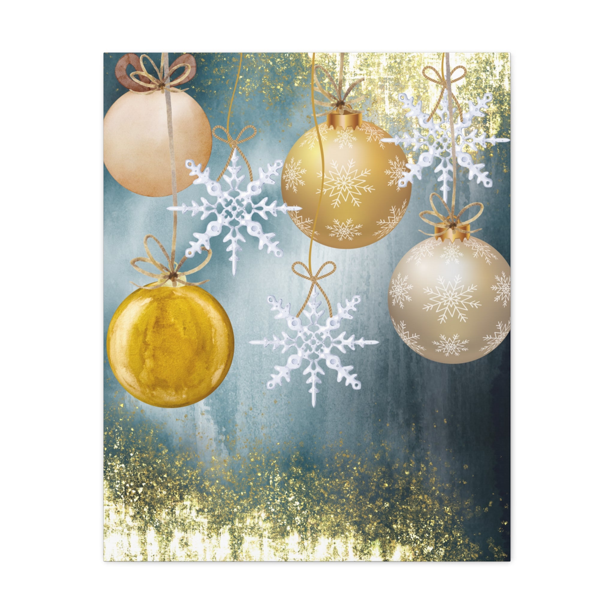 Holiday Ornament Canvas Print — Gold Baubles & Snowflakes Matte Wall Art