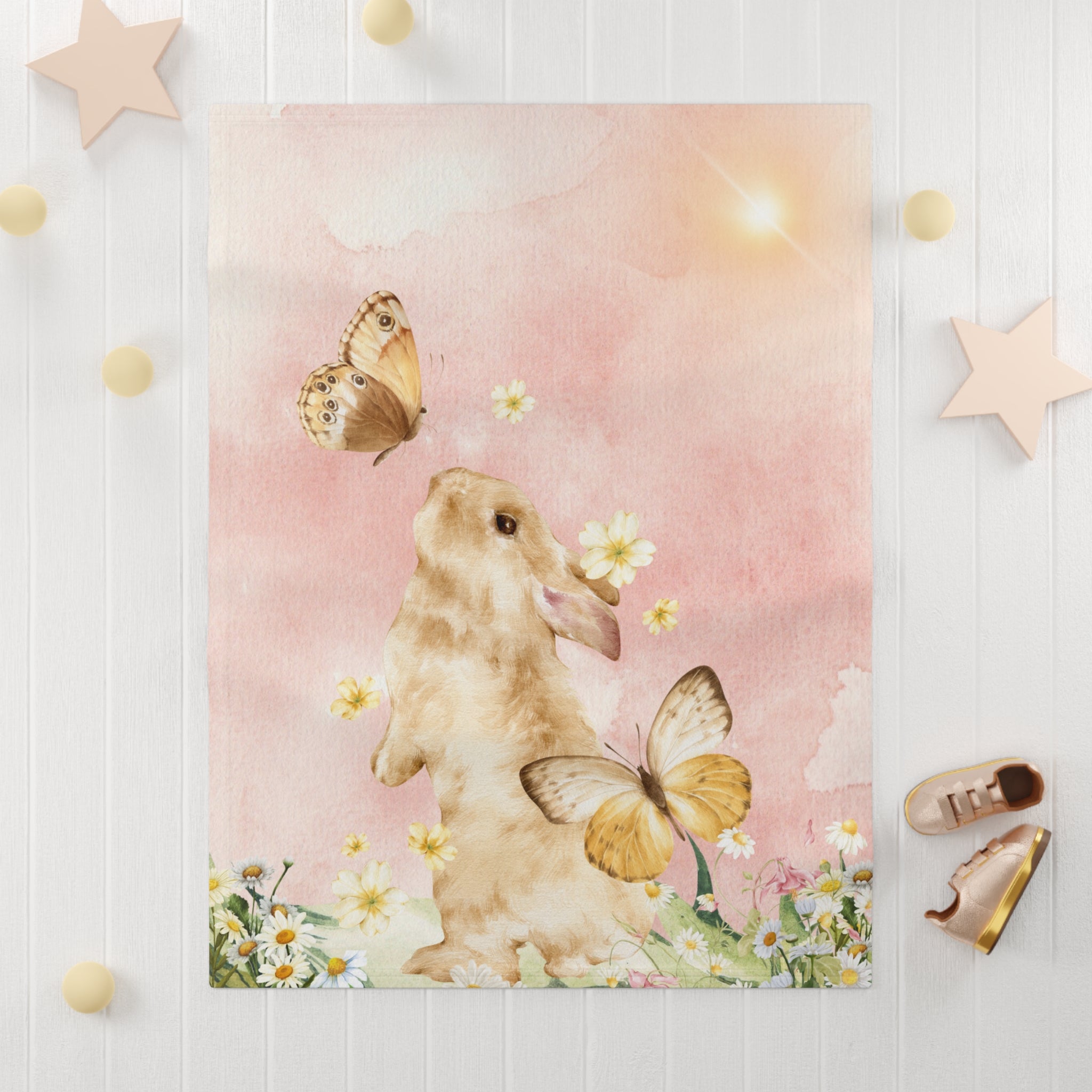 Watercolor Bunny and Butterflies Baby Blanket | Soft Fleece Throw